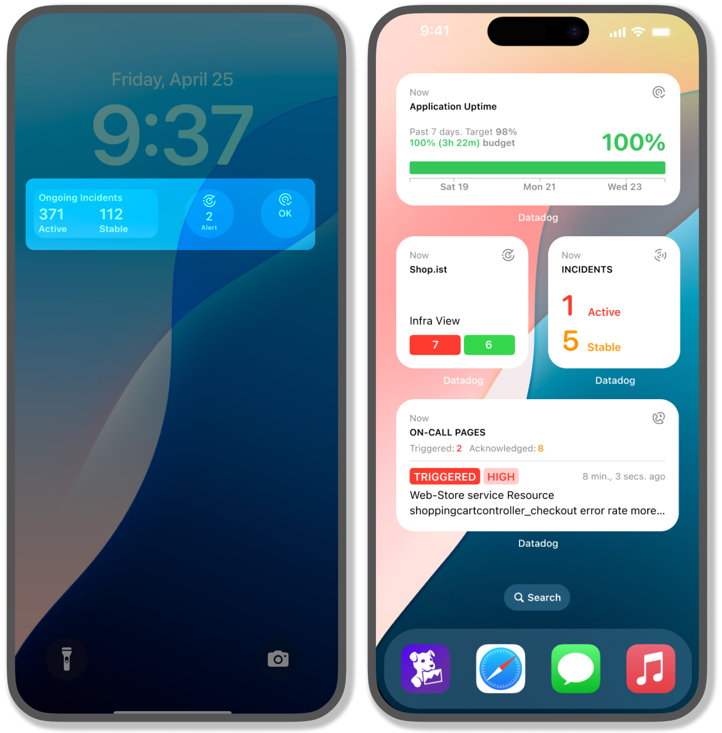 Real-time home and lock screen widgets in the Datadog mobile app.