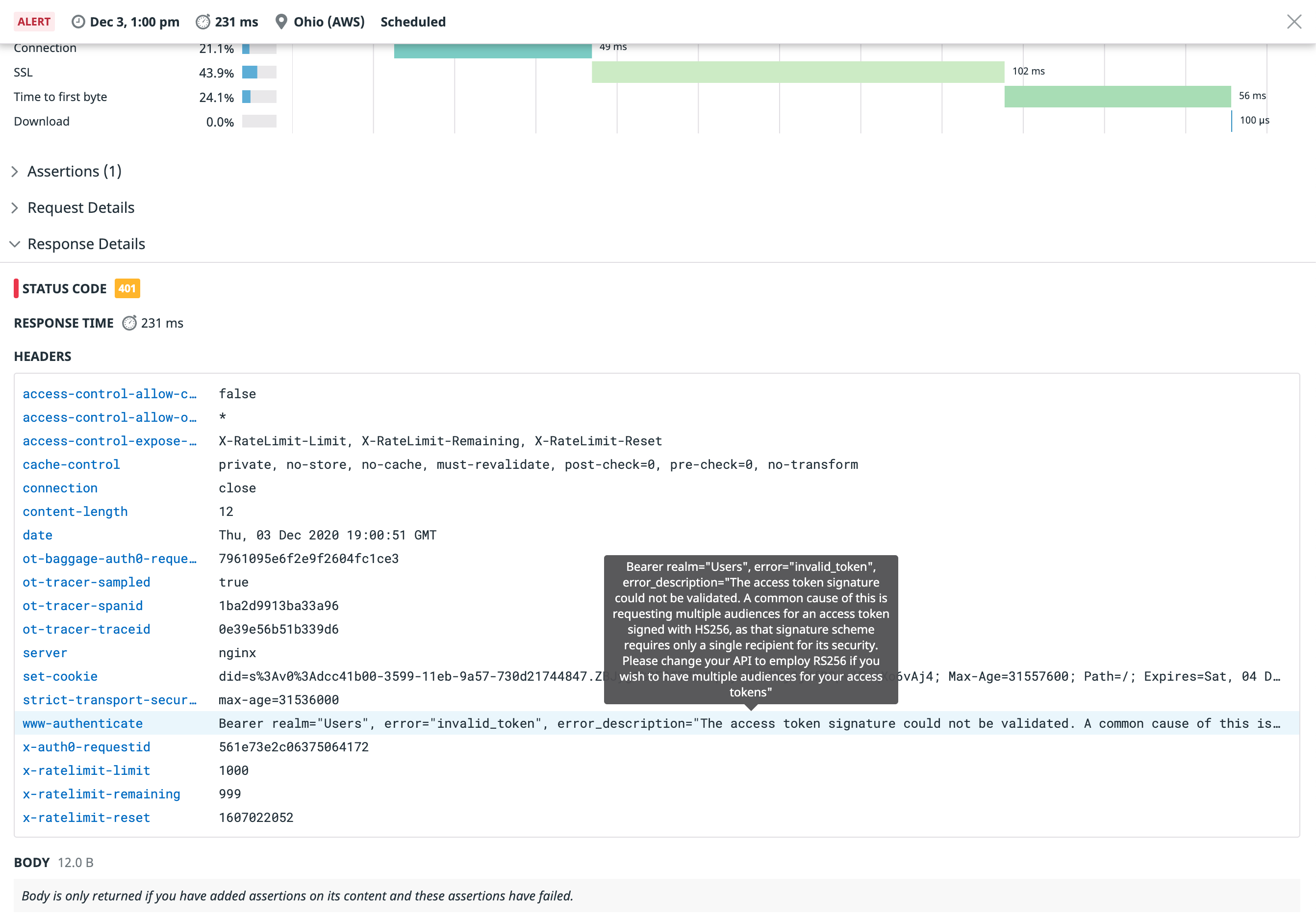 Be notified of issues with a multistep test, such as invalid tokens