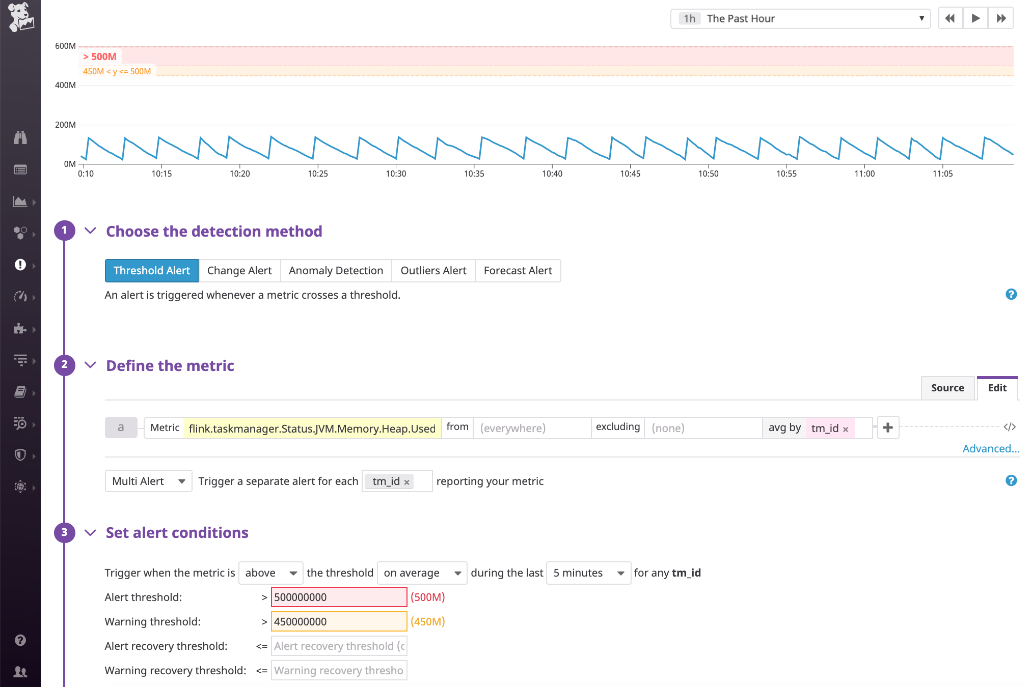 You can set up an alert to automatically notify you when heap memory consumption has exceeded a critical threshold.