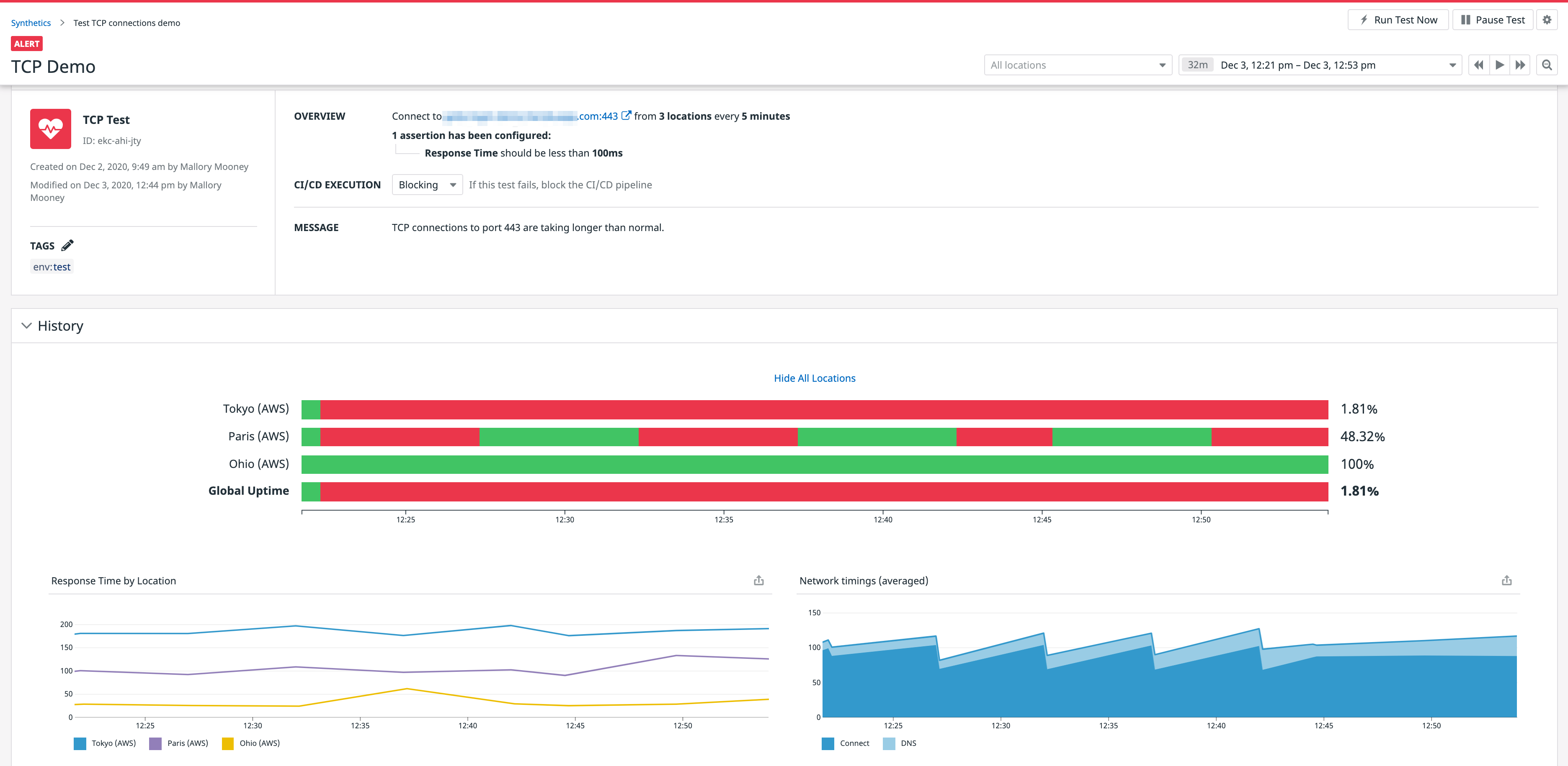 Troubleshoot with TCP API test alerts