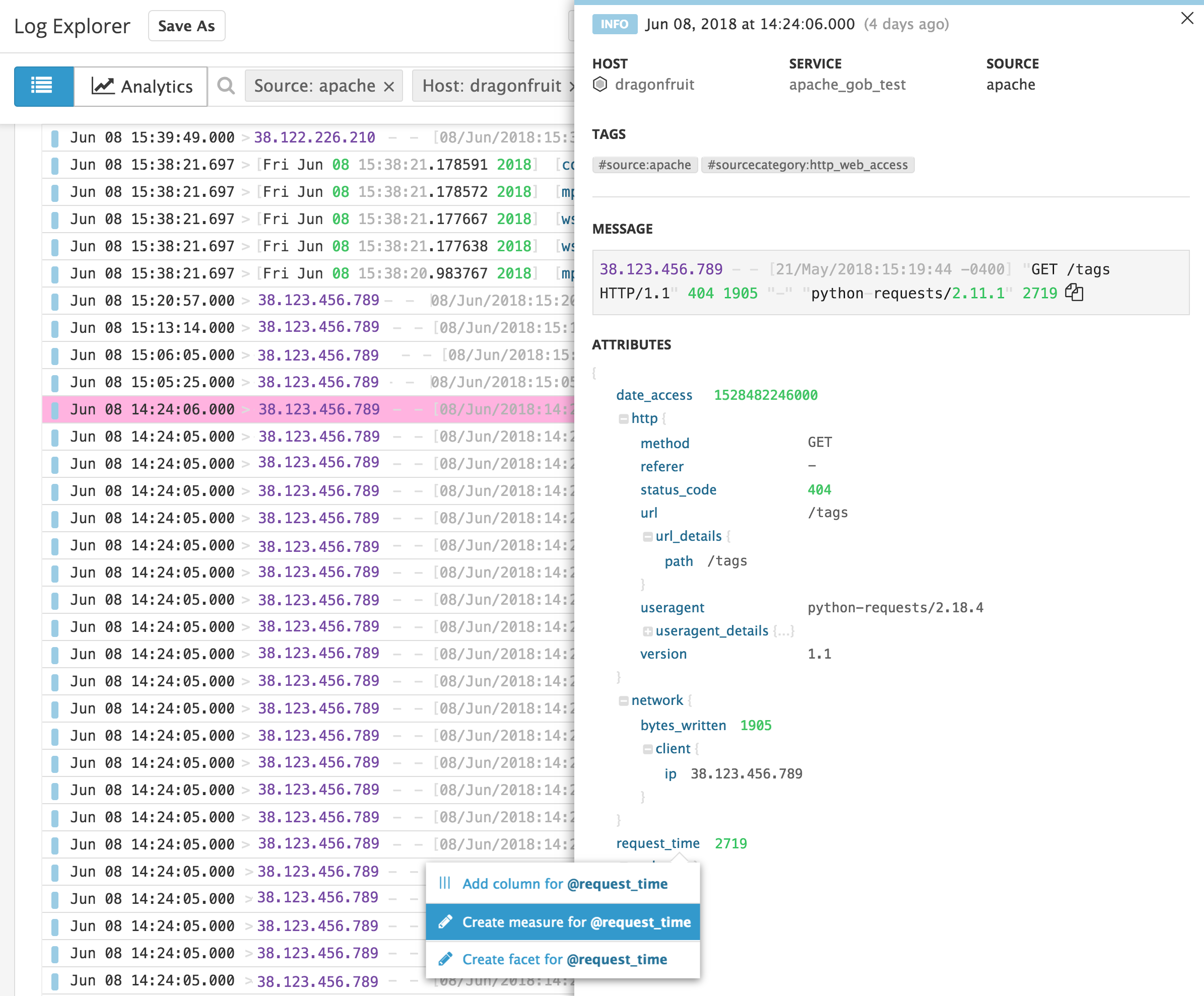 Monitor Apache Datadog: see new parsed request time