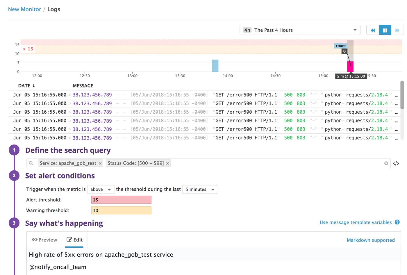 Monitor Apache Datadog log alert to detect high 5xx error rate from Apache logs Monitor Apache Datadog log alert to detect high 5xx error rate from Apache logs