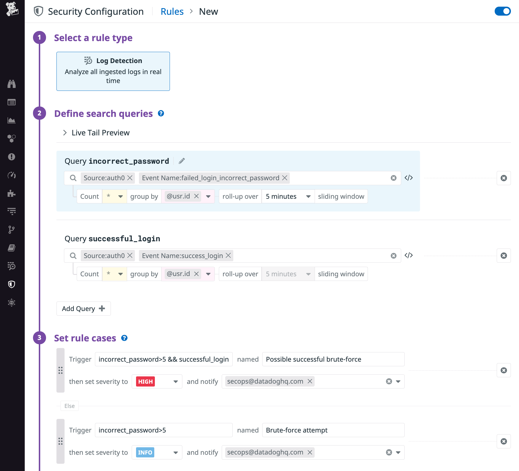 The security rules page defines a log detection rule’s queries (which describe what to monitor) and cases (which describe when to trigger).