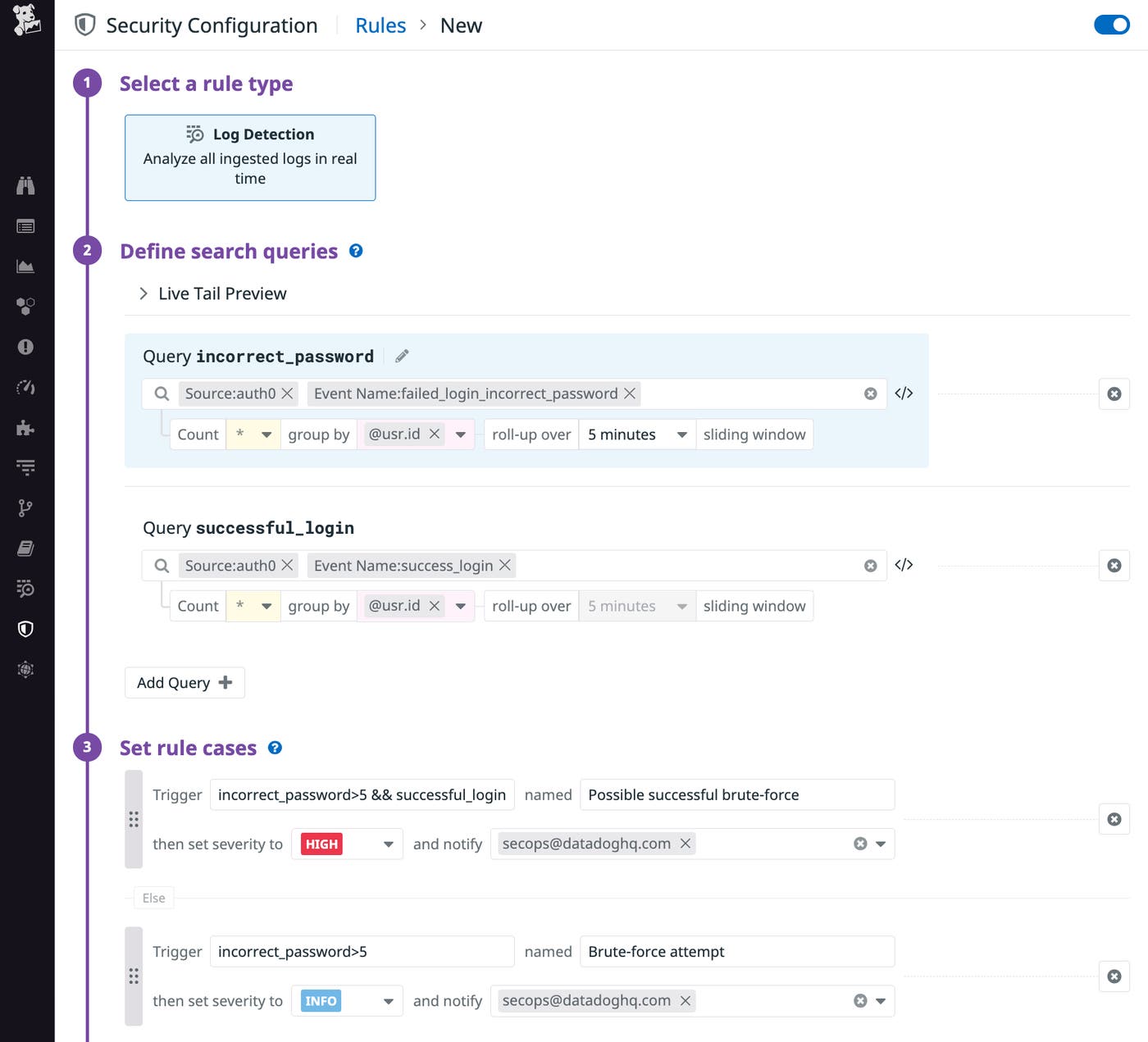 The security rules page defines a log detection rule’s queries (which describe what to monitor) and cases (which describe when to trigger). The security rules page defines a log detection rule’s queries (which describe what to monitor) and cases (which describe when to trigger).