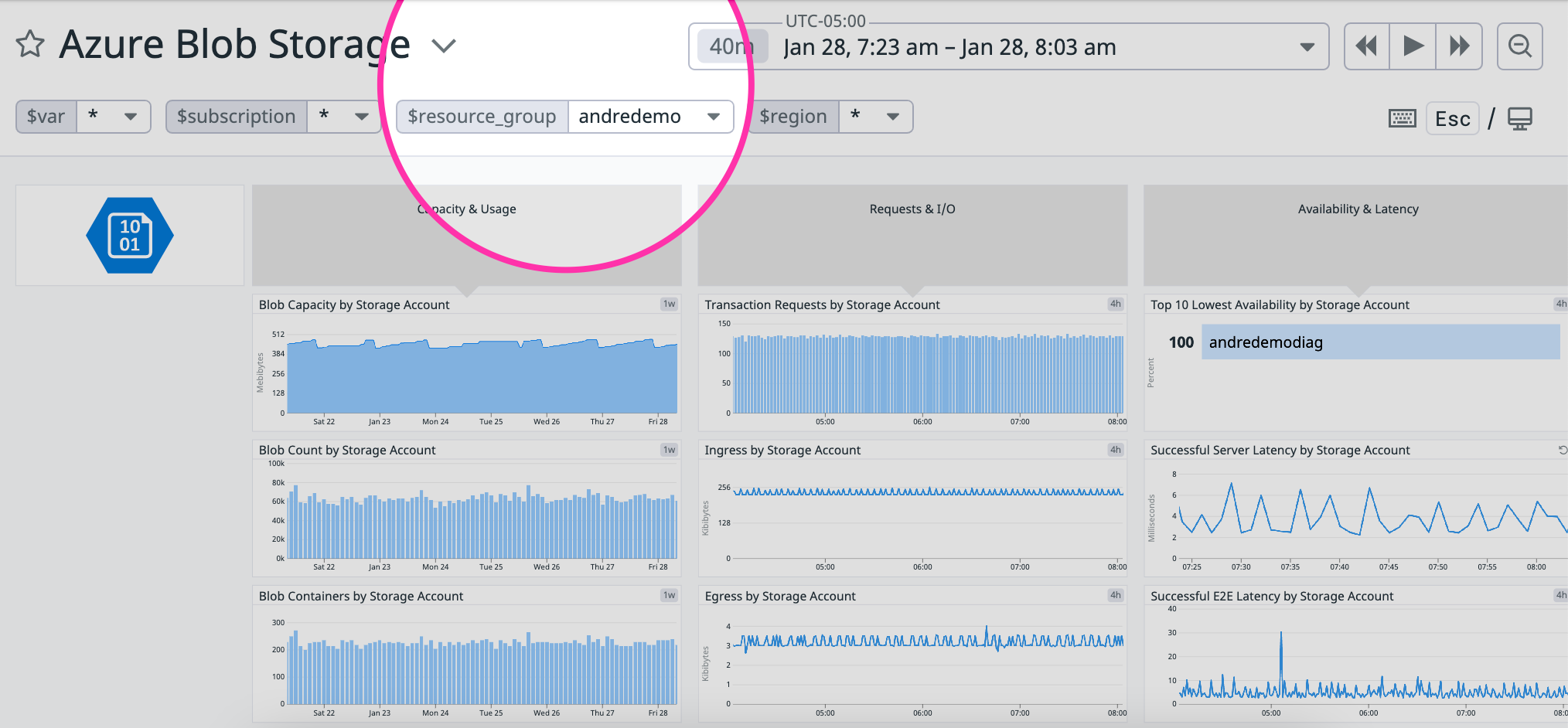 Filter views by using template variables in Datadog Azure Storage dashboard
