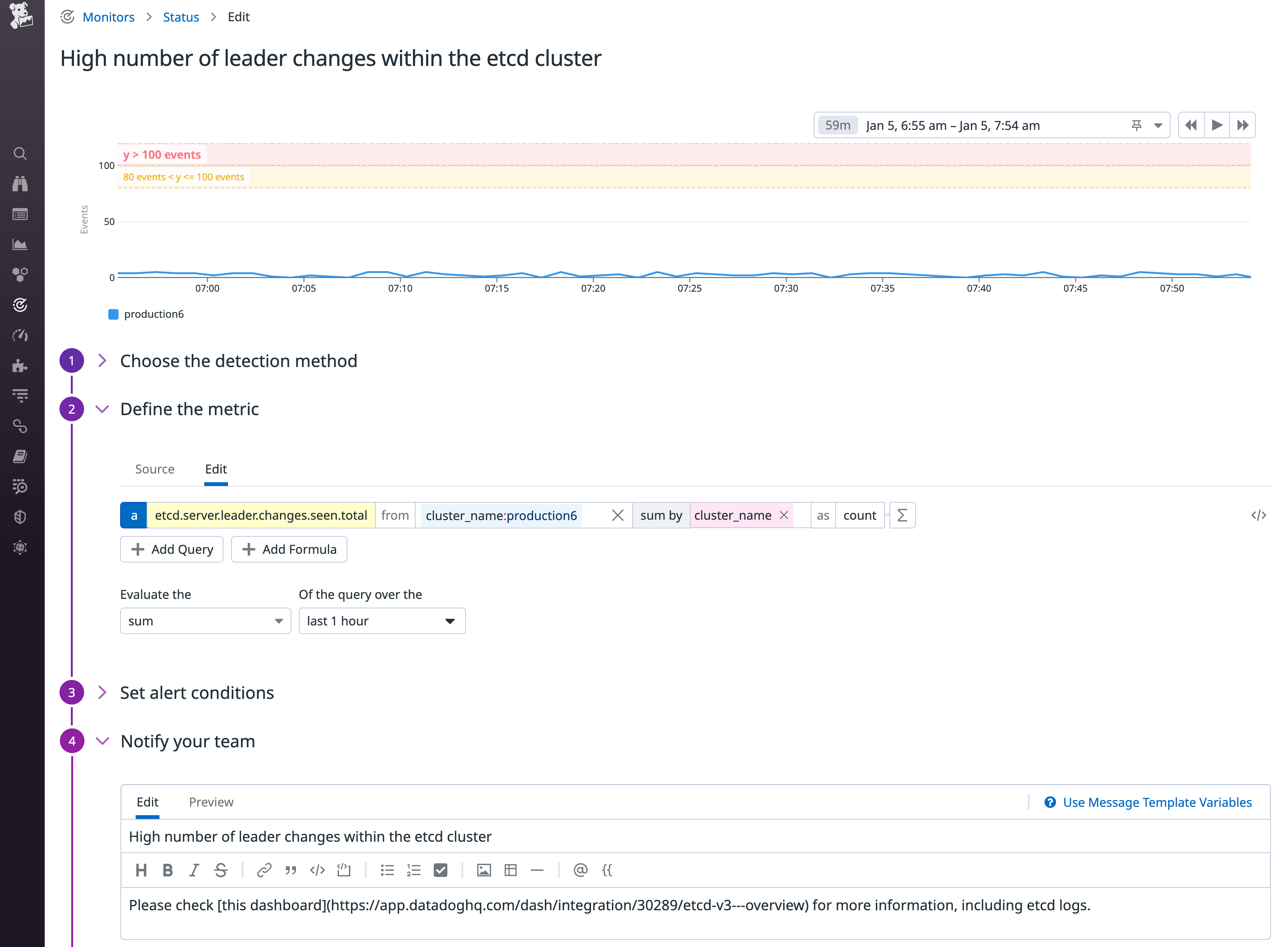 A monitor definition specifies the metric, the alert and warning thresholds, and the notification message.