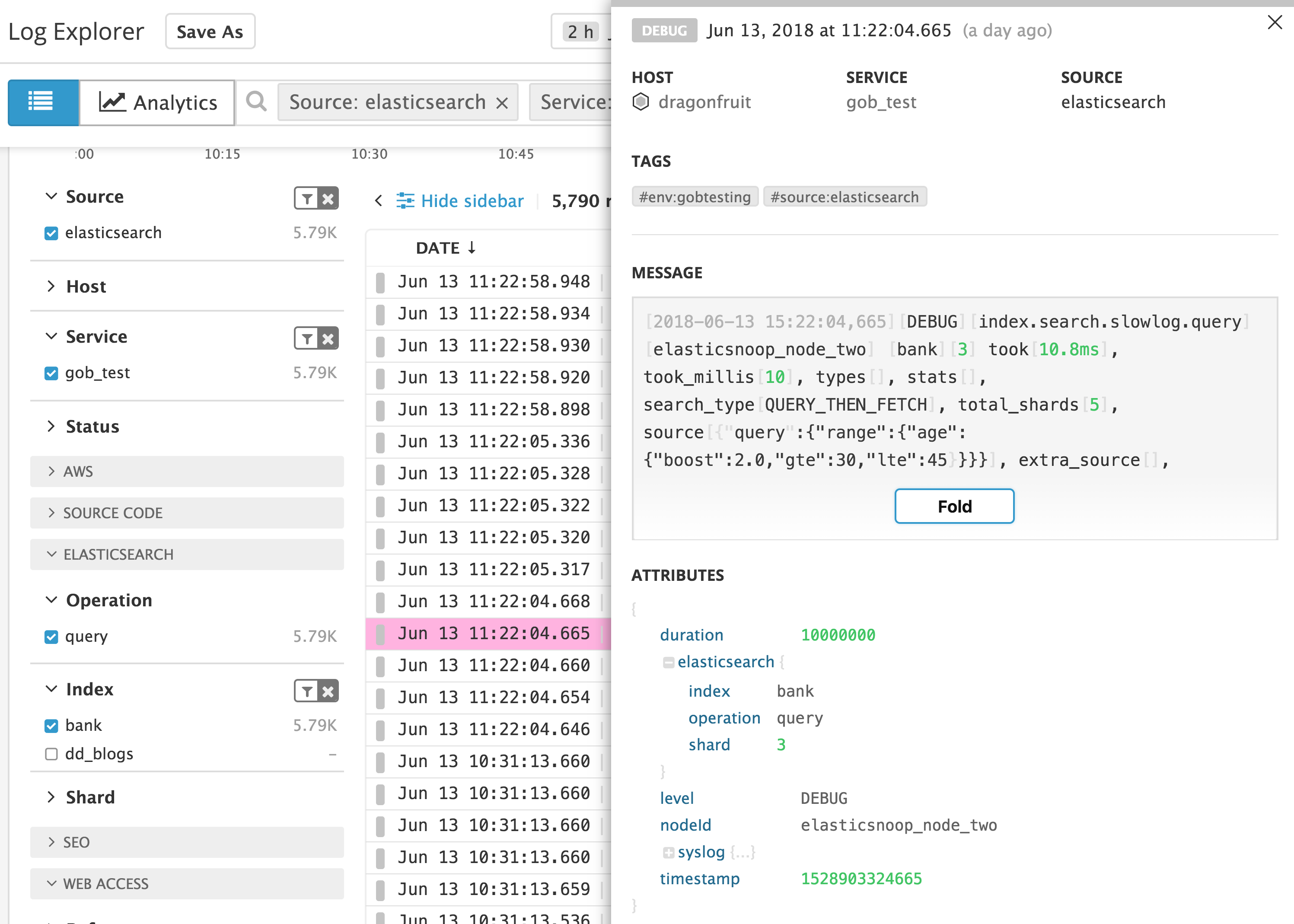 Datadog APM - Elasticsearch service page