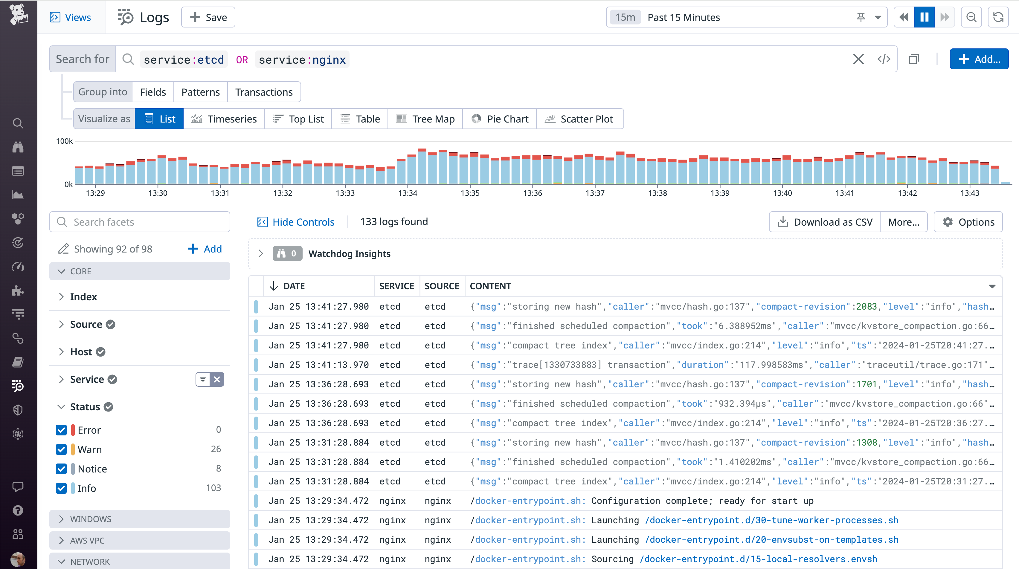 The Log Explorer shows logs from the etcd service and the NGINX service.