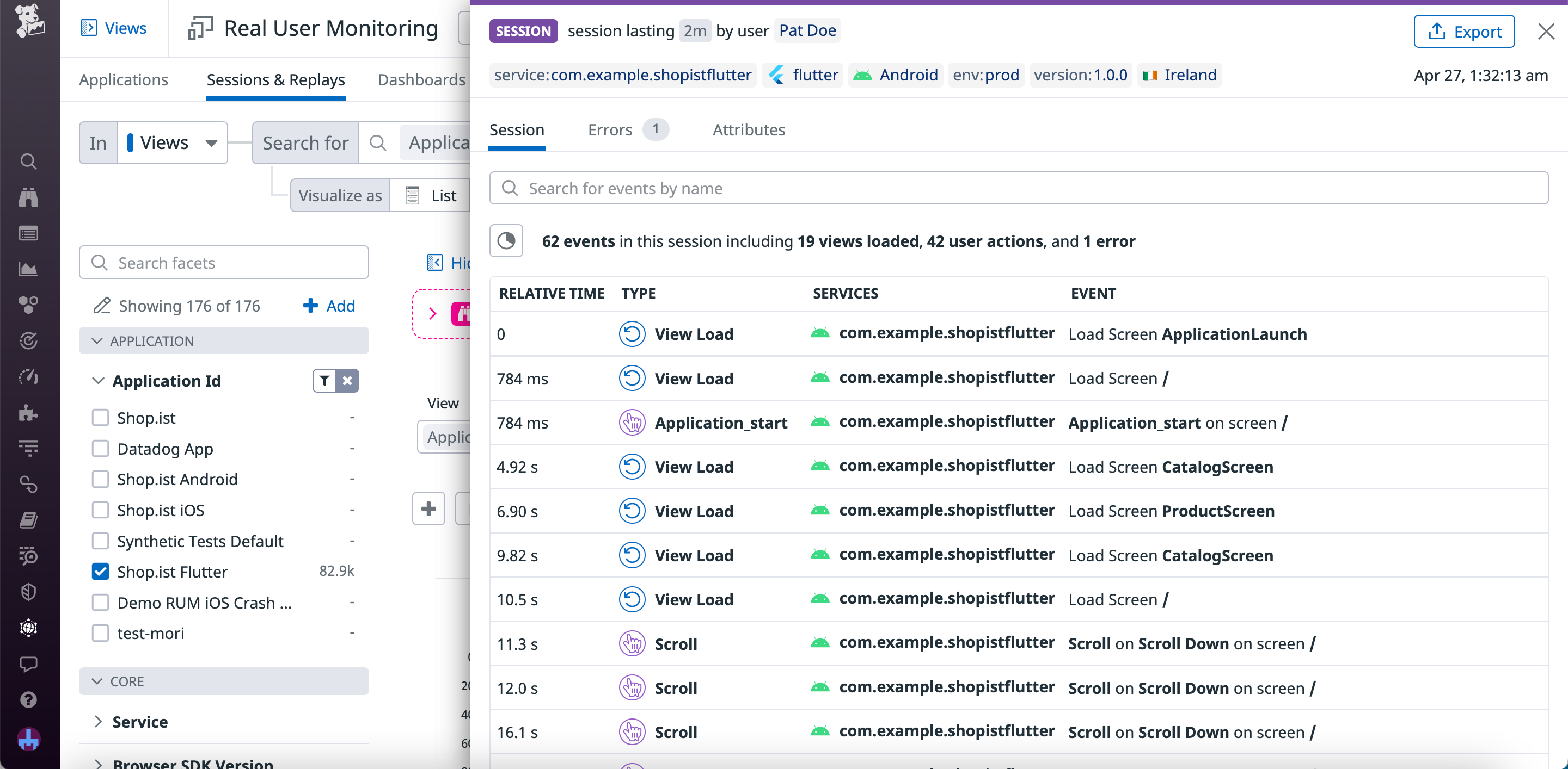 Timeline for a Flutter session, showing an app start event followed by load and scroll events.
