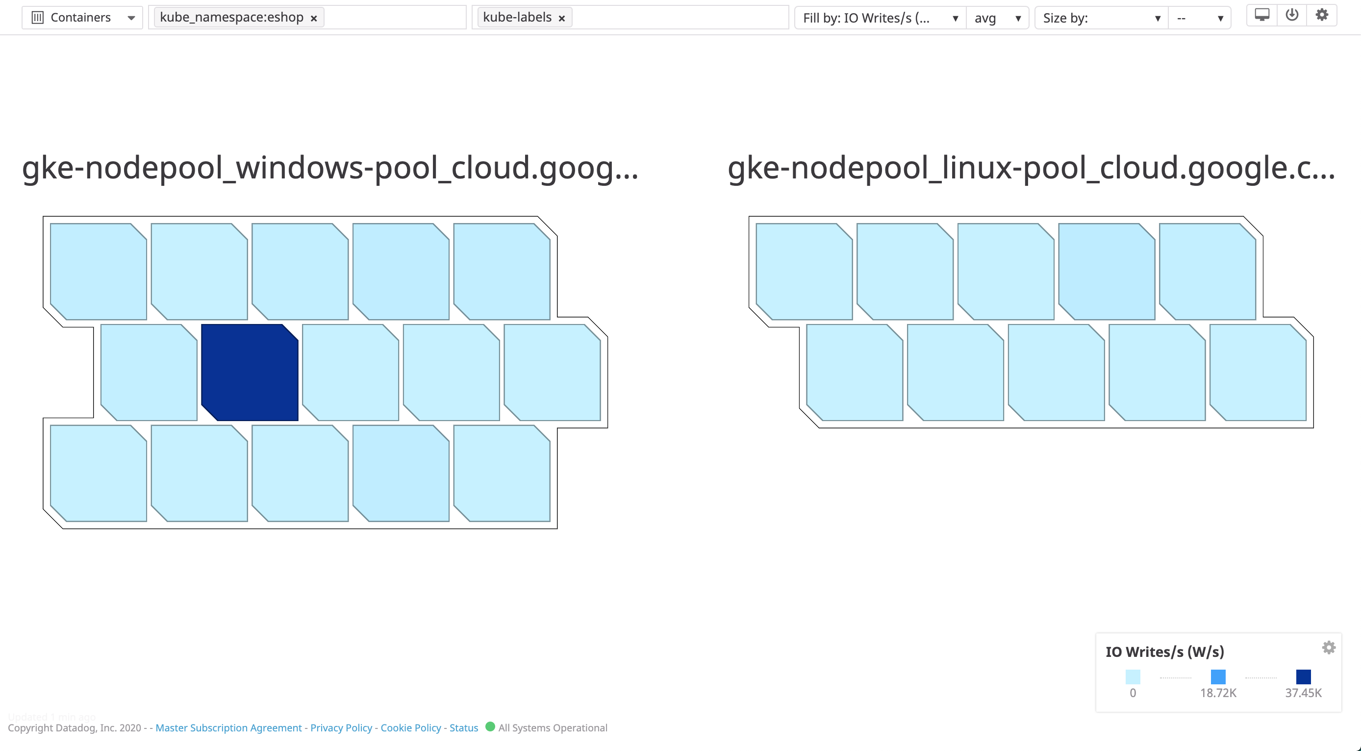 Visualize containers from your cluster’s Windows and Linux node pools with Datadog’s container map.
