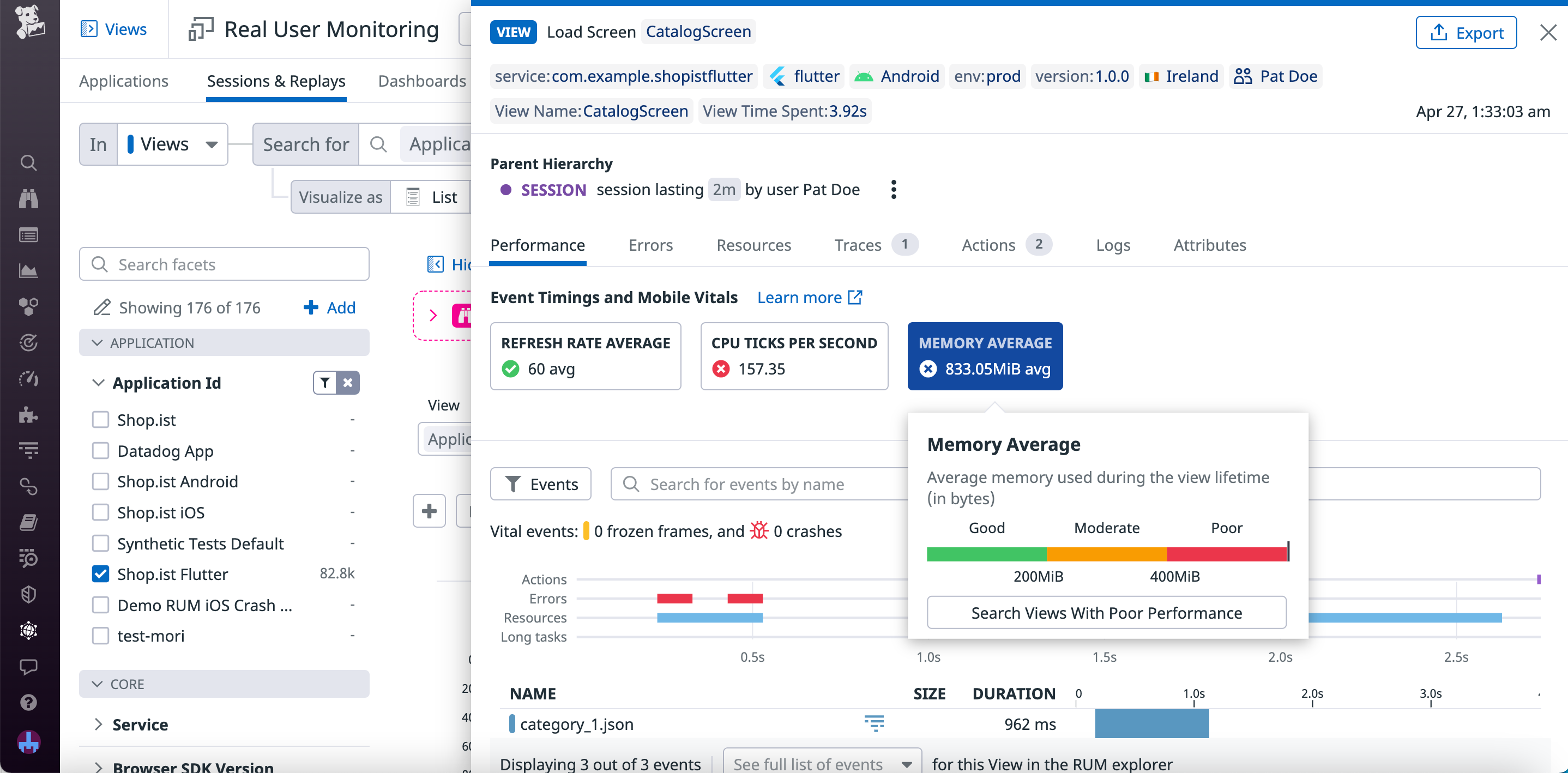 Event timings and Mobile Vitals for a Flutter view with poor CPU ticks per second and memory usage.
