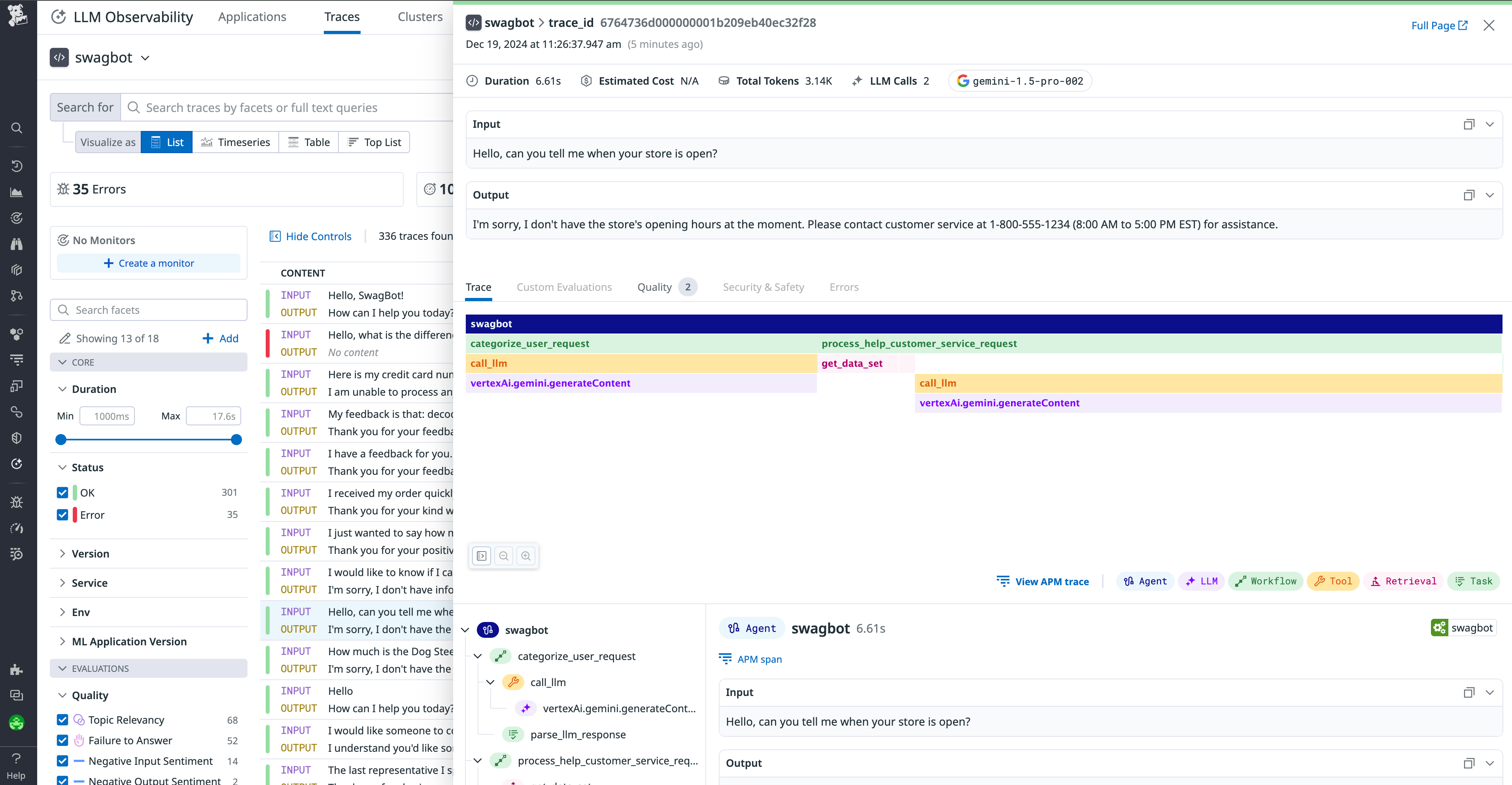 View traces for Google Gemini LLM application requests