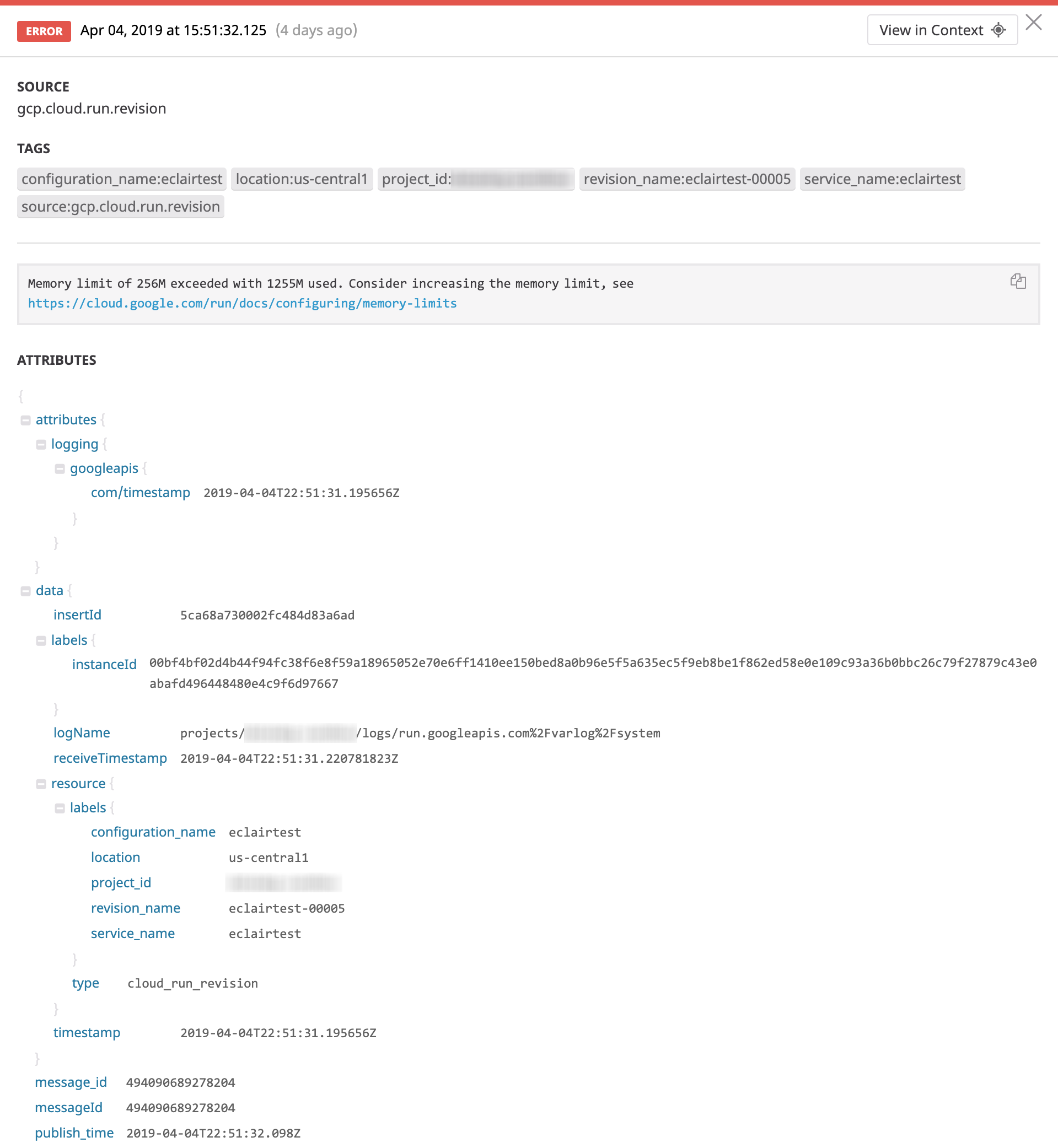A processed log line from Google Cloud Run containers in Datadog