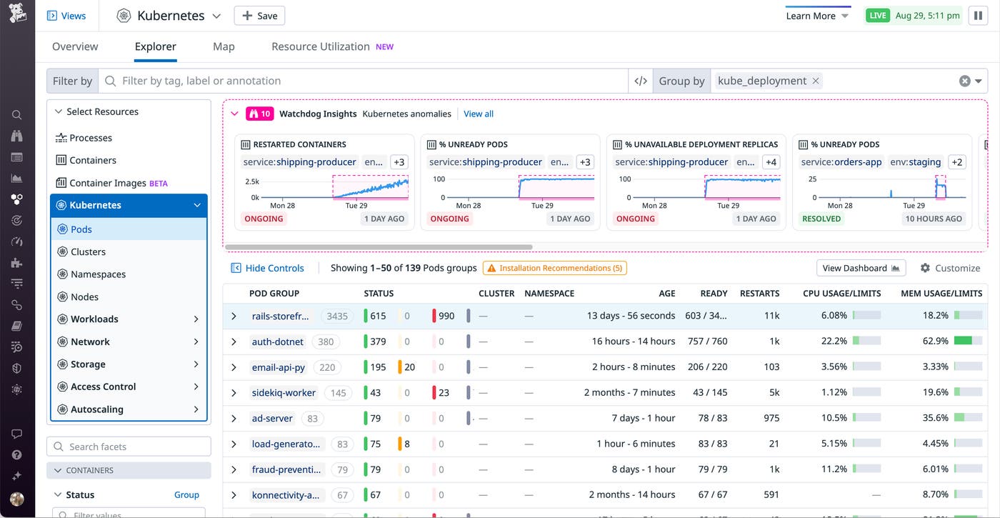Datadog's pods view includes Watchdog Insights, which can help you automatically identify anomalous trends in your Google Kubernetes Engine cluster. Datadog's pods view includes Watchdog Insights, which can help you automatically identify anomalous trends in your Google Kubernetes Engine cluster.