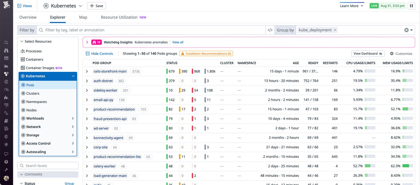 In the pods view, you can group your GKE cluster resources by any tag, such as kube_deployment. In the pods view, you can group your GKE cluster resources by any tag, such as kube_deployment.