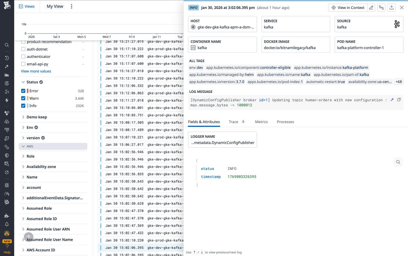 A Kafka log stream in the Log Explorer. A Kafka log stream in the Log Explorer.