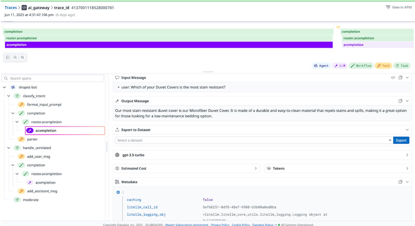 Screenshot of LiteLLM trace in Datadog LLM Observability Screenshot of LiteLLM trace in Datadog LLM Observability