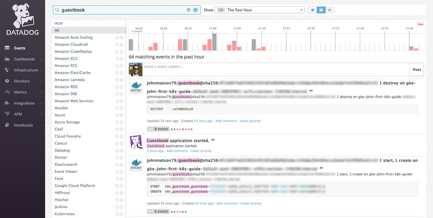 Custom event from the guestbook app in the Datadog event stream Custom event from the guestbook app in the Datadog event stream