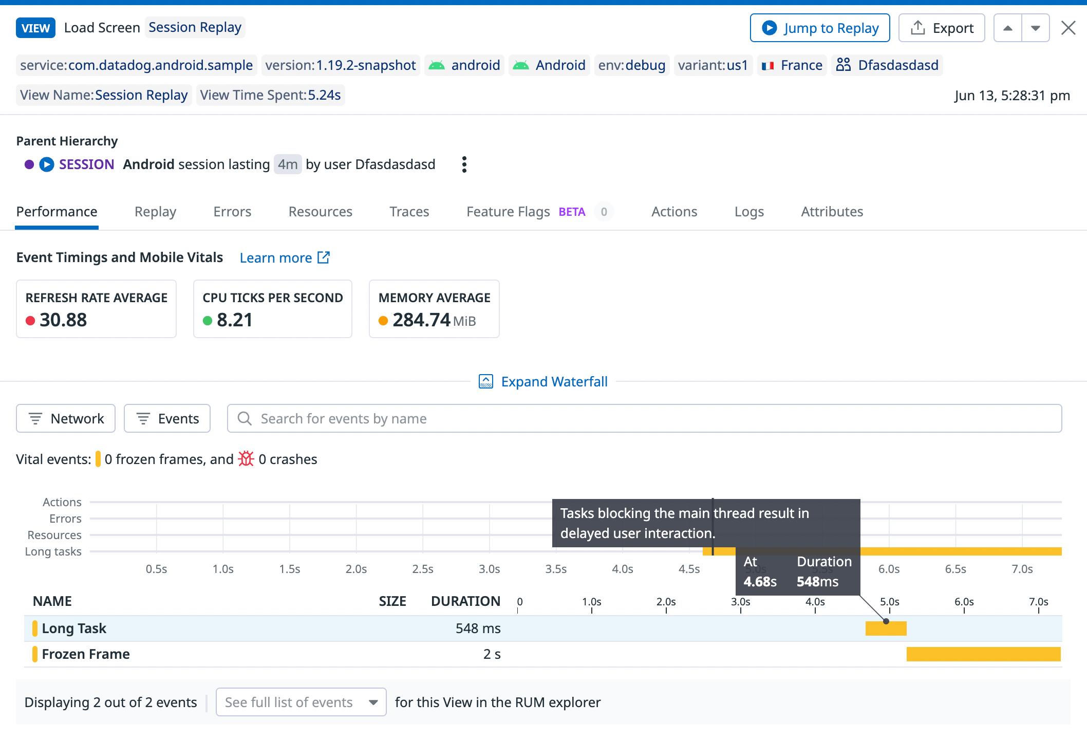 A view within a user session that includes a frozen frame.