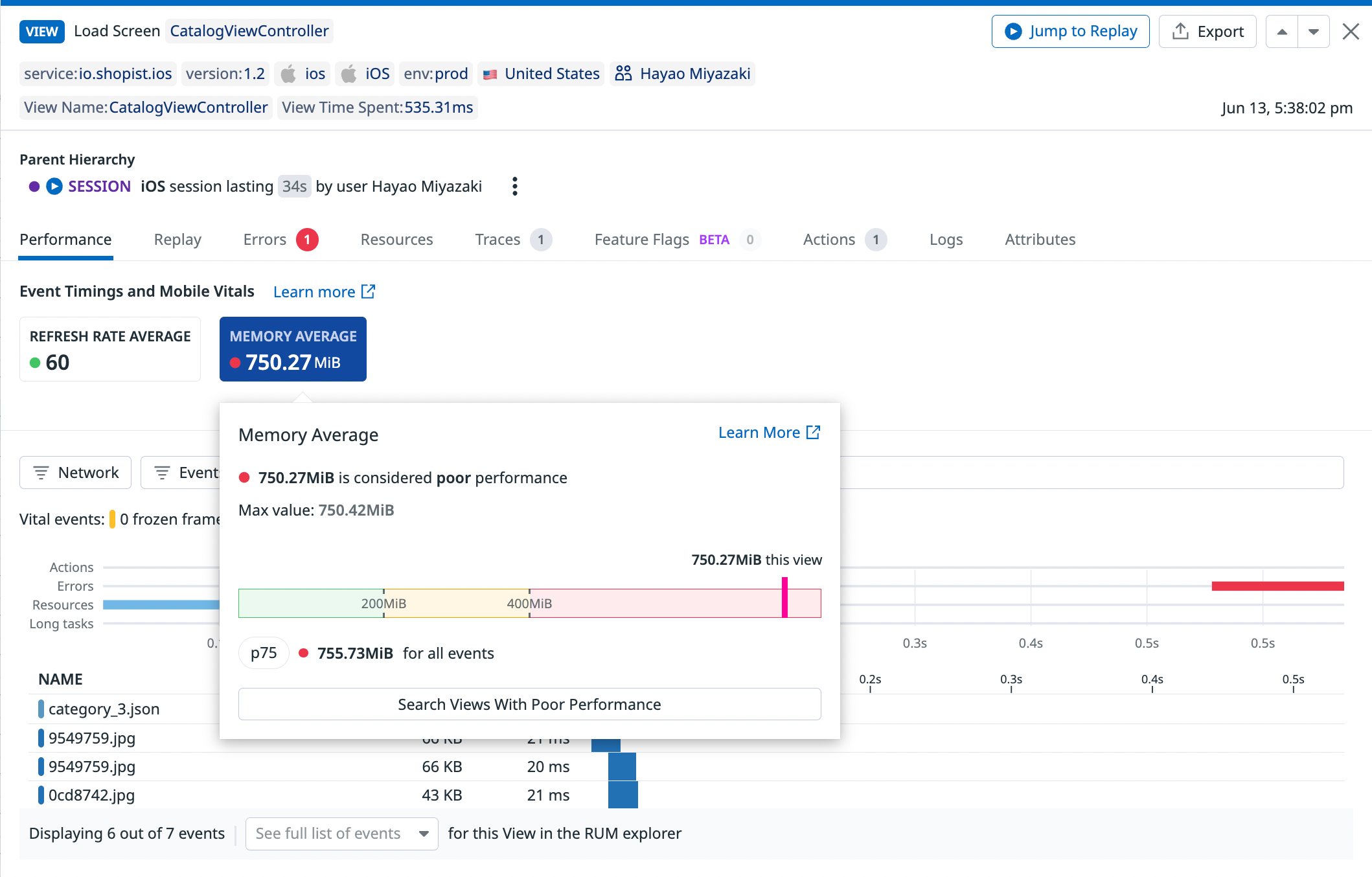 Memory consumption graph in the RUM Session side panel.