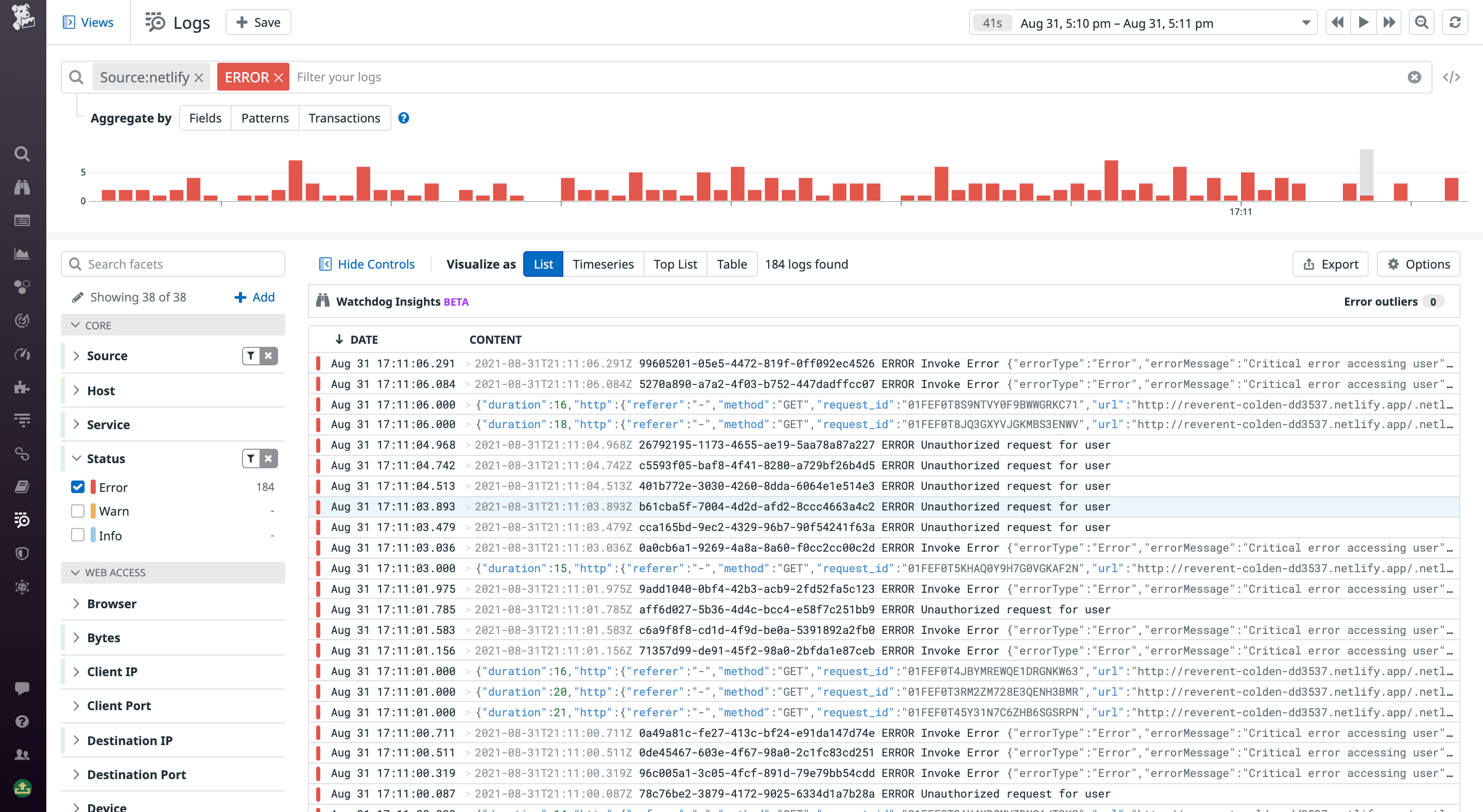Viewing Netlify function logs in the Log Explorer