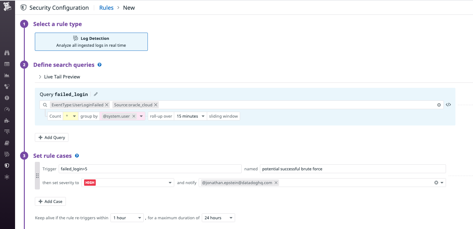 You can create custom Threat Detection Rules to trigger alerts and notifications when a chosen condition is met.