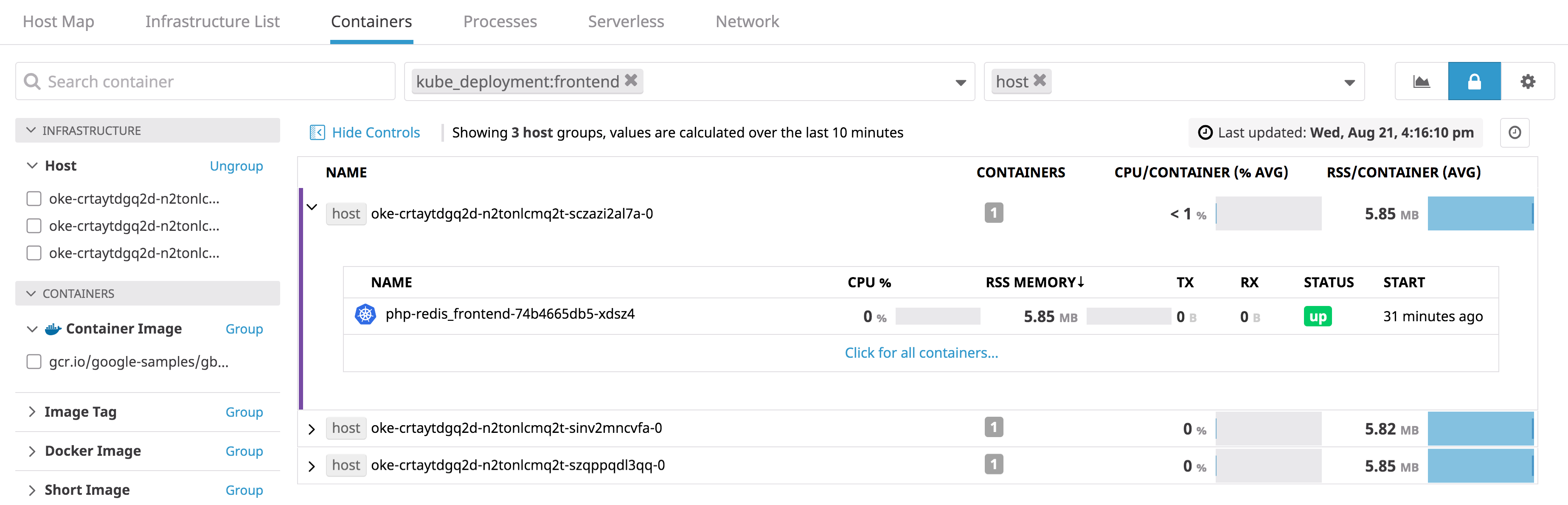 docker containers filtered by kubernetes deployment and grouped by host