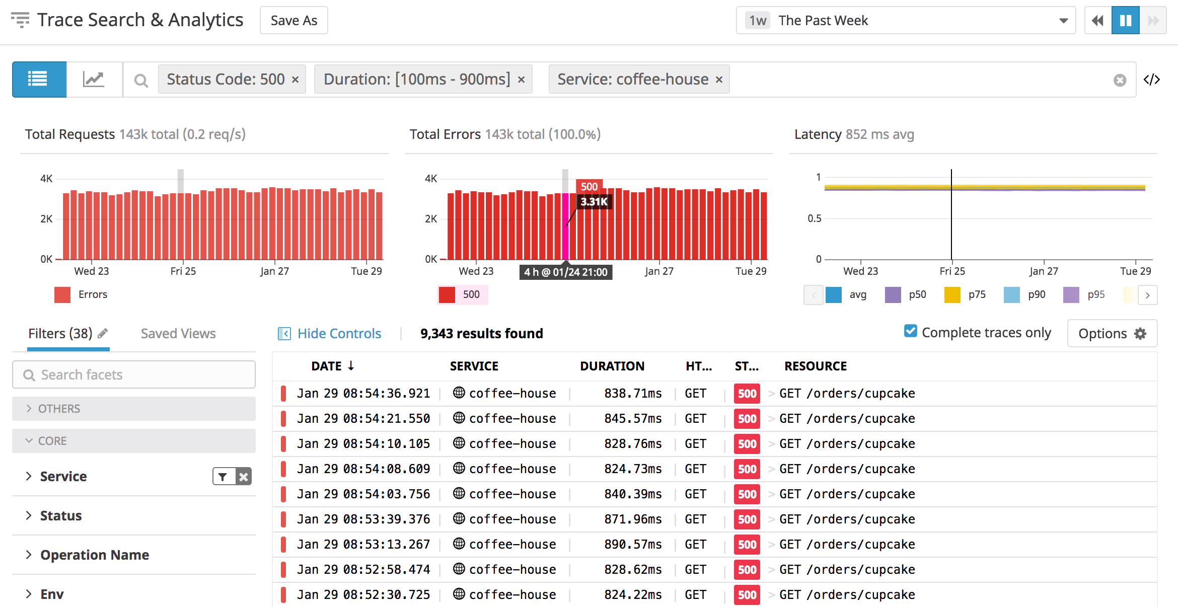 The App Analytics view can filter by status code to show, for example, only traces that have resulted in an error.