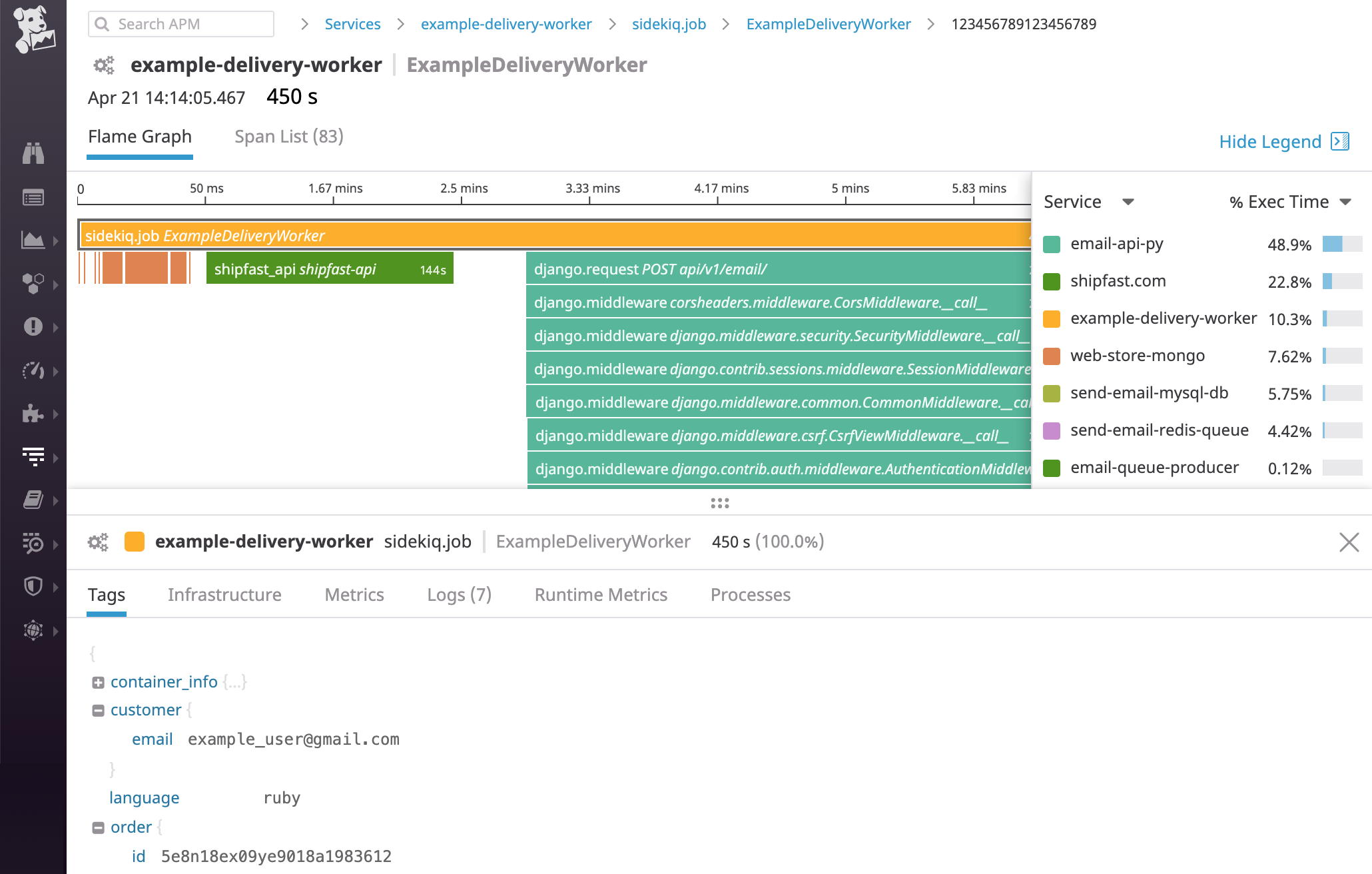 Use Datadog APM to drill down to specific spans that are contributing to your Sidekiq job’s latency