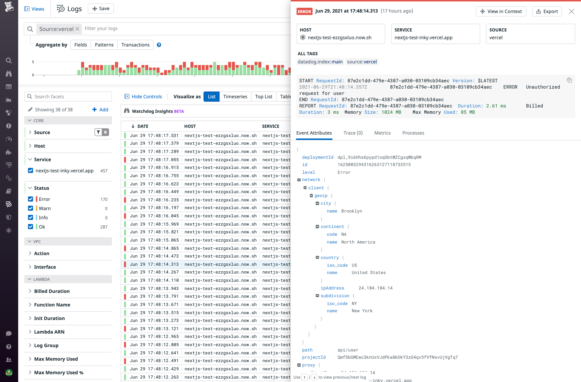 View all the attributes for a log event in the Log Explorer sidepanel.