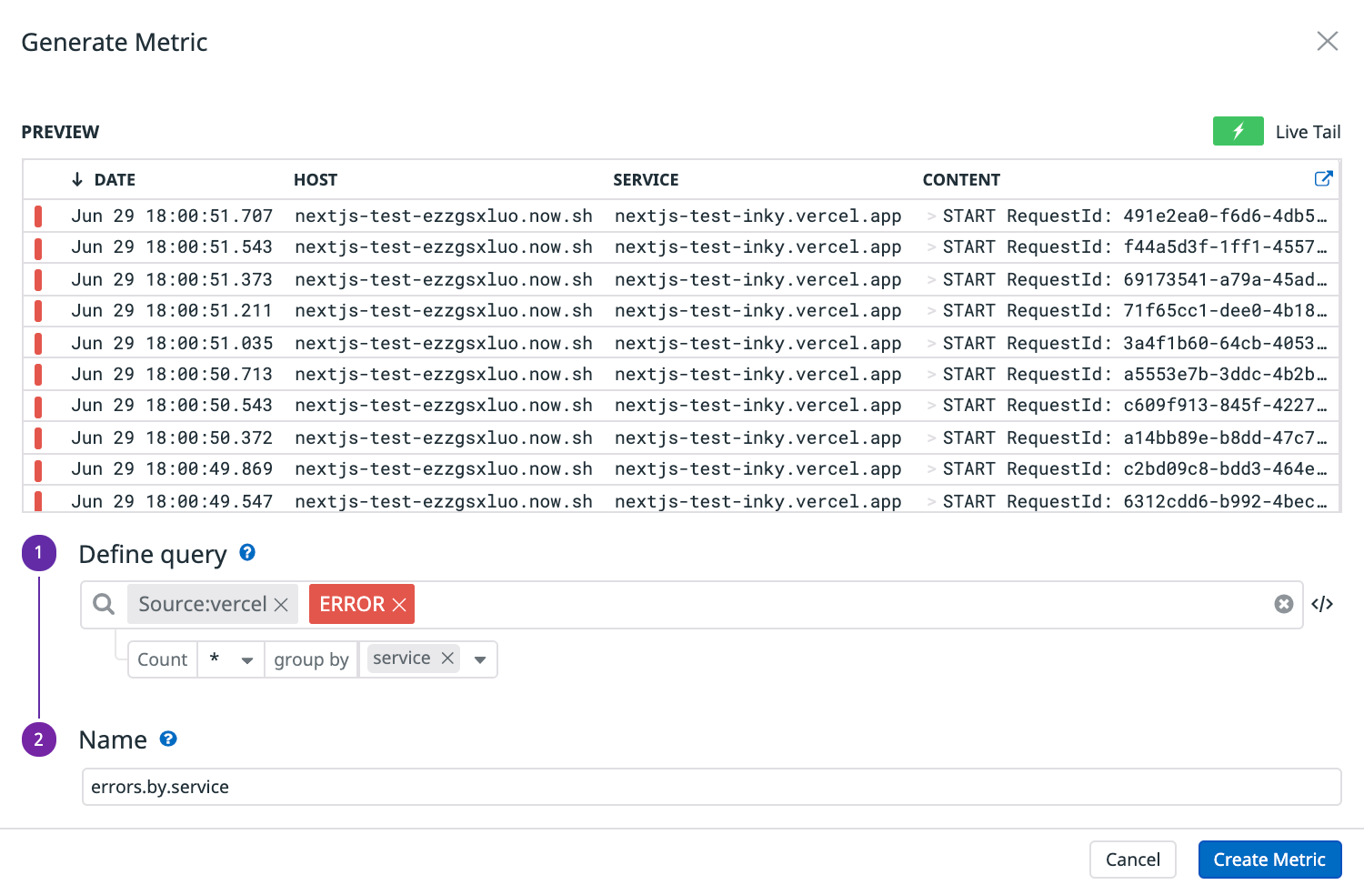 Create a log-based metric to store, visualize, and alert on log insights.