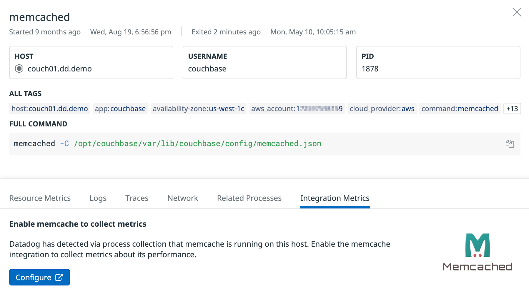 The Live Processes page notes that Datadog has detected Memcached running on a server, but it's not enabled for monitoring by Datadog.