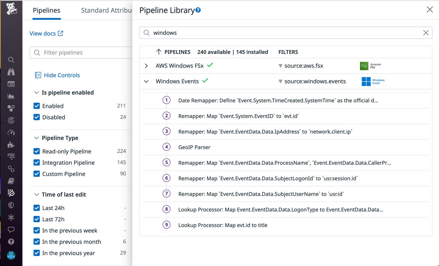Ingest your Windows event logs into Datadog using our out-of-the-box log pipeline. Ingest your Windows event logs into Datadog using our out-of-the-box log pipeline.