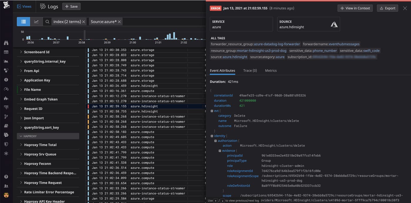 You can sort through all of your ingested Azure platform logs by tag in the Datadog Log Explorer. You can sort through all of your ingested Azure platform logs by tag in the Datadog Log Explorer.