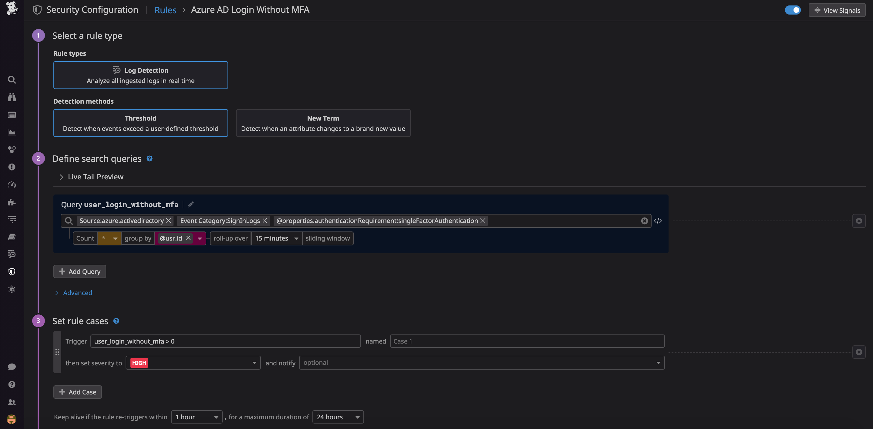 Security rules trigger alerts based on the custom logic you provide. In this example, an alert is triggered whenever an AD user attempts to login without multi-factor authentication.
