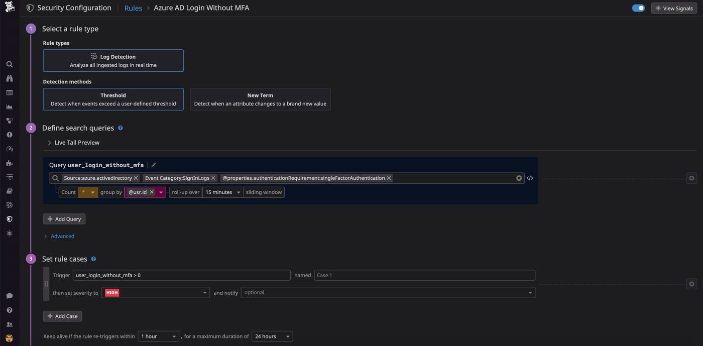 Security rules trigger alerts based on the custom logic you provide. In this example, an alert is triggered whenever an AD user attempts to login without multi-factor authentication. Security rules trigger alerts based on the custom logic you provide. In this example, an alert is triggered whenever an AD user attempts to login without multi-factor authentication.
