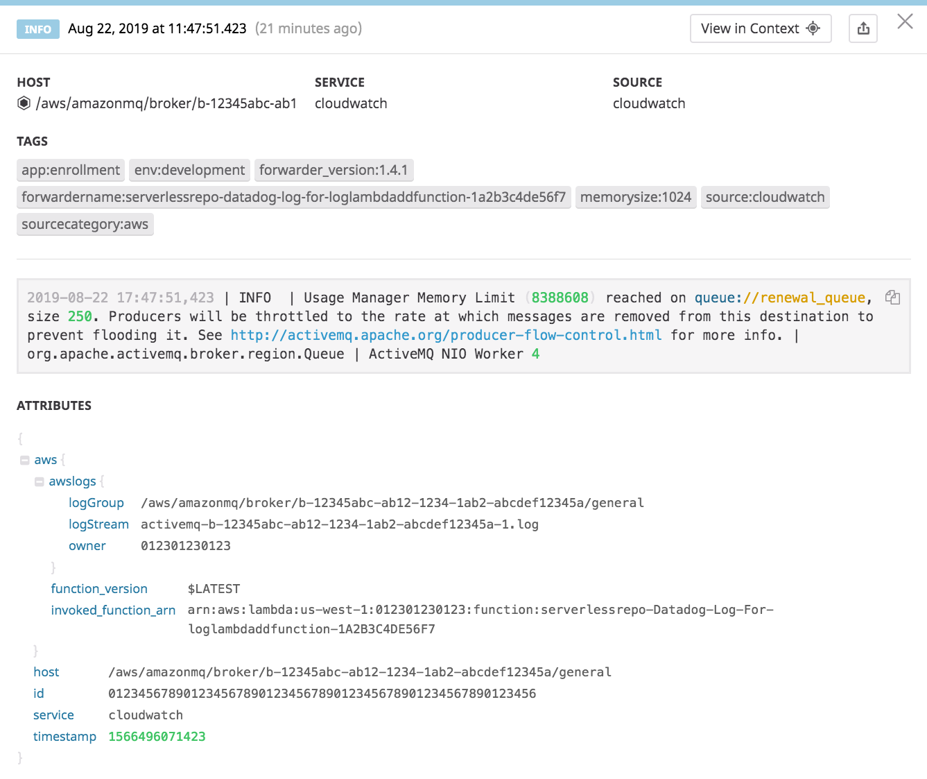 The Log Explorer shows the attributes that have been automatically parsed from a CloudWatch log.