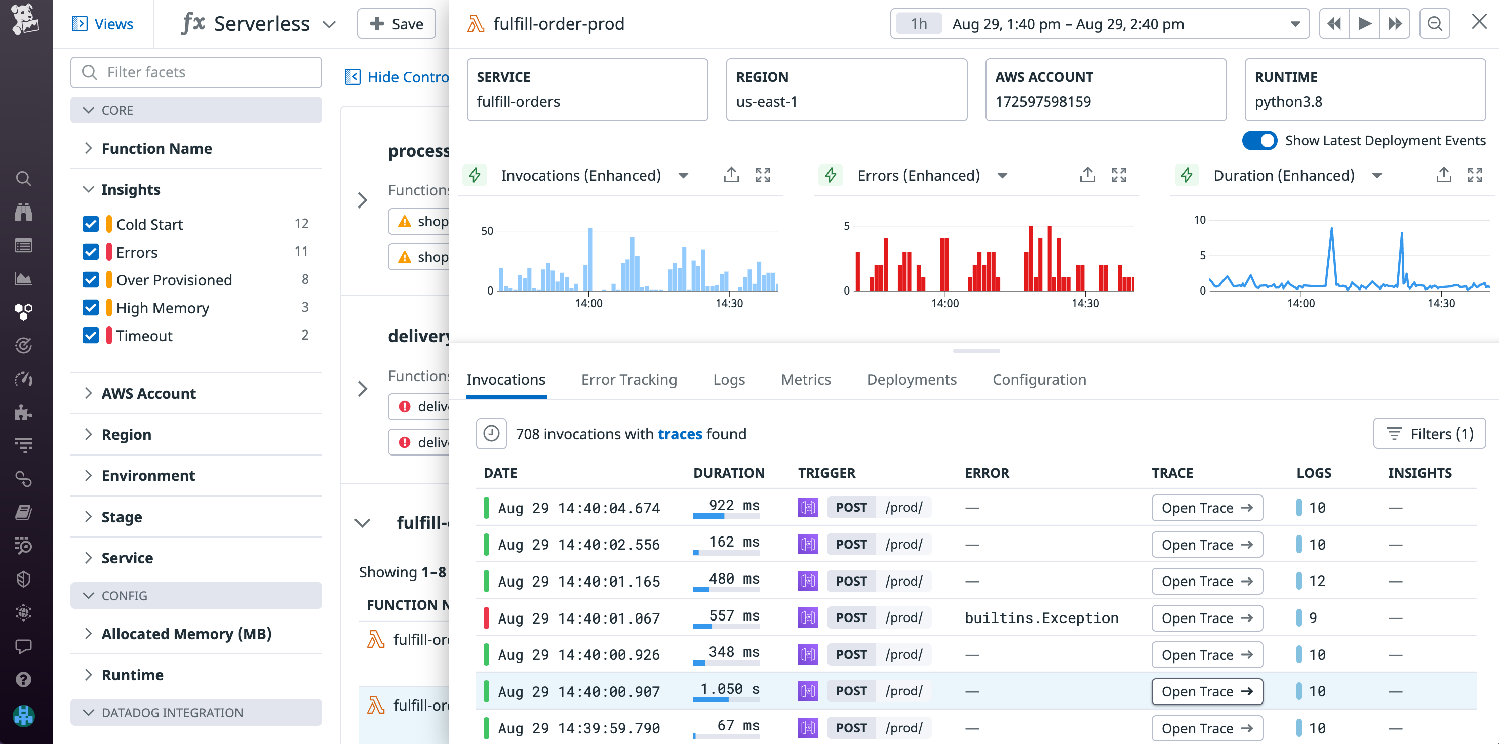 View traces and logs and key metrics for a single AWS Lambda function in the Serverless view