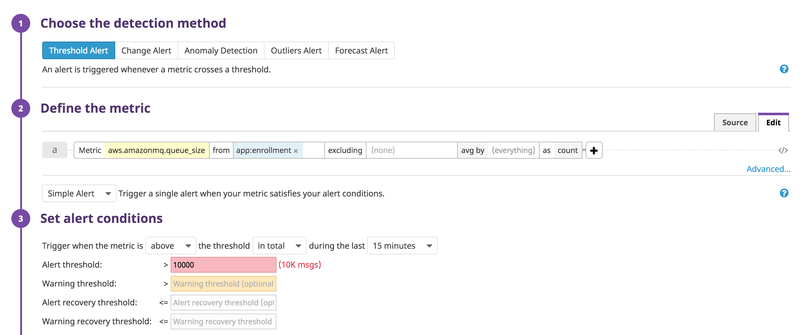 The Datadog screen for creating a Threshold Alert. The metric to alert on is queue size and the alert threshold is 10,000 messages.