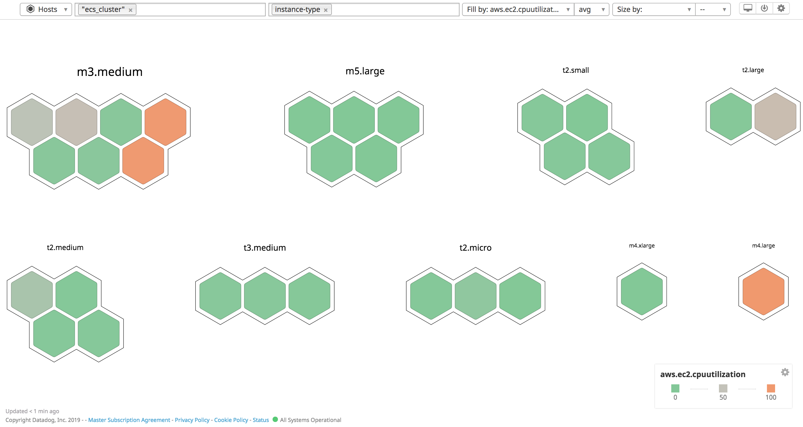 Host map organized by EC2 instance type for all ECS clusters reporting to a single Datadog account.