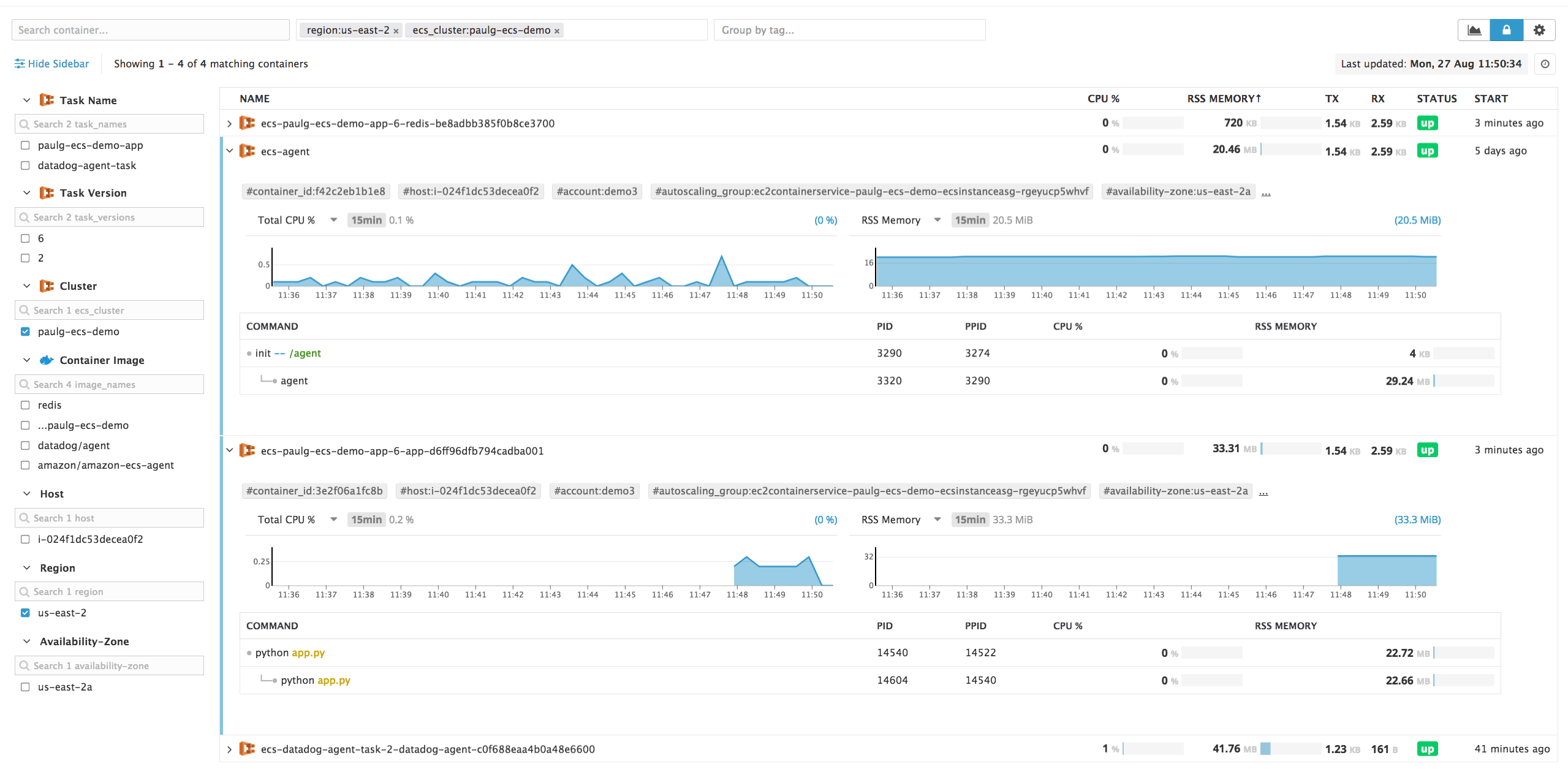 The Live Container view helps you visualize ECS container-level resource metrics in Datadog.