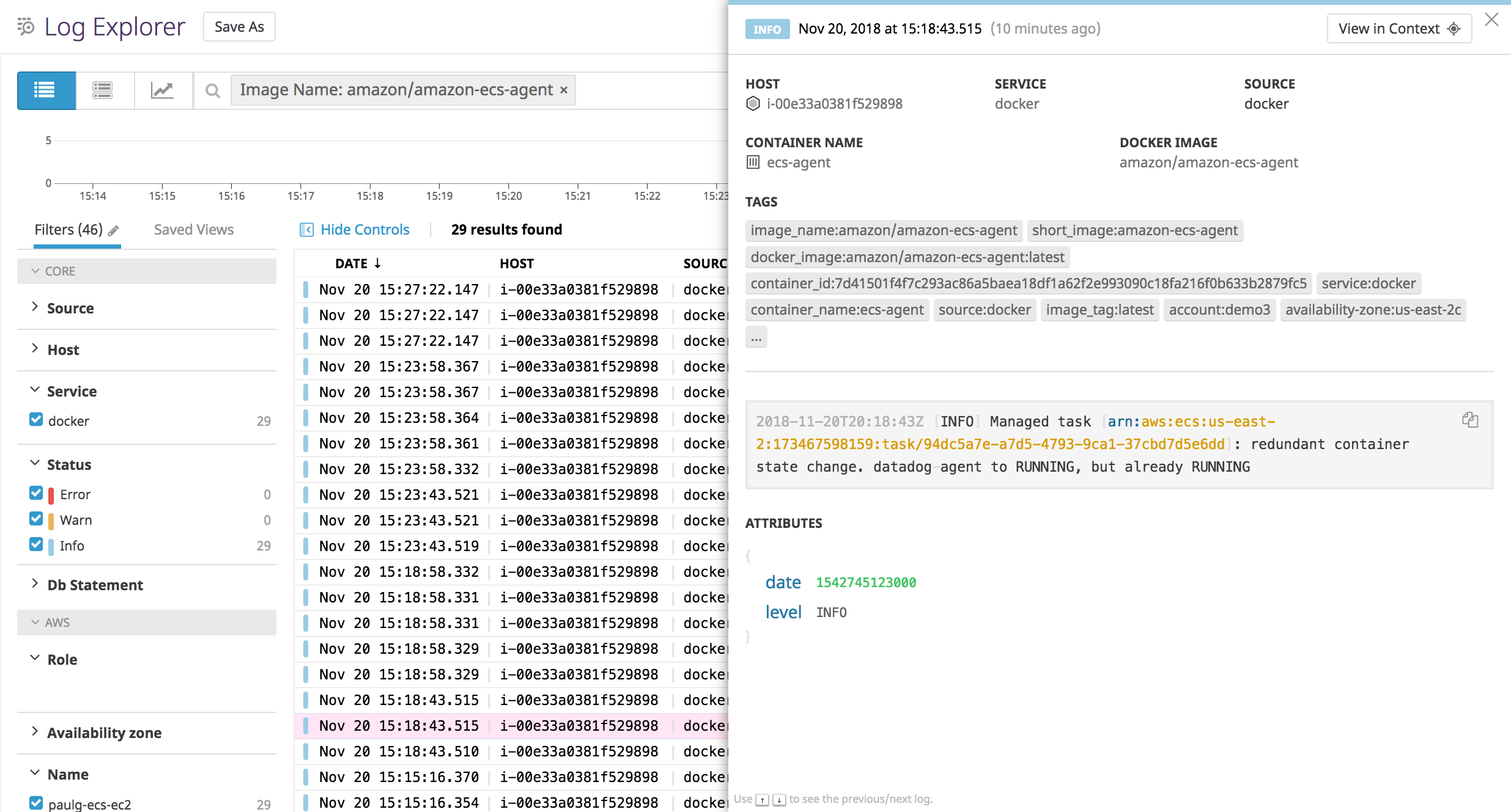 ECS logs for the Container Agent.