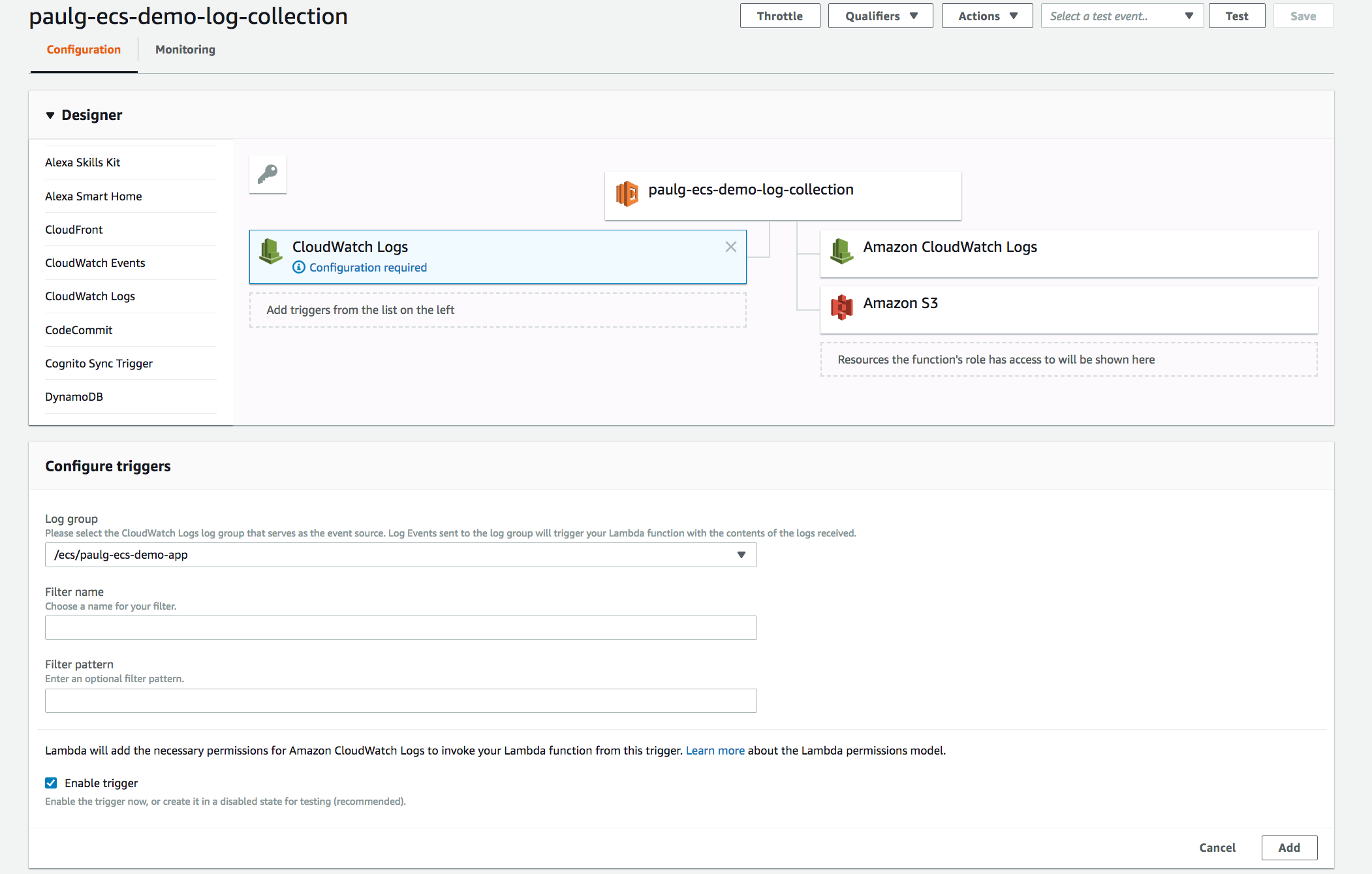 Configuring a Lambda function to forward ECS logs to Datadog.