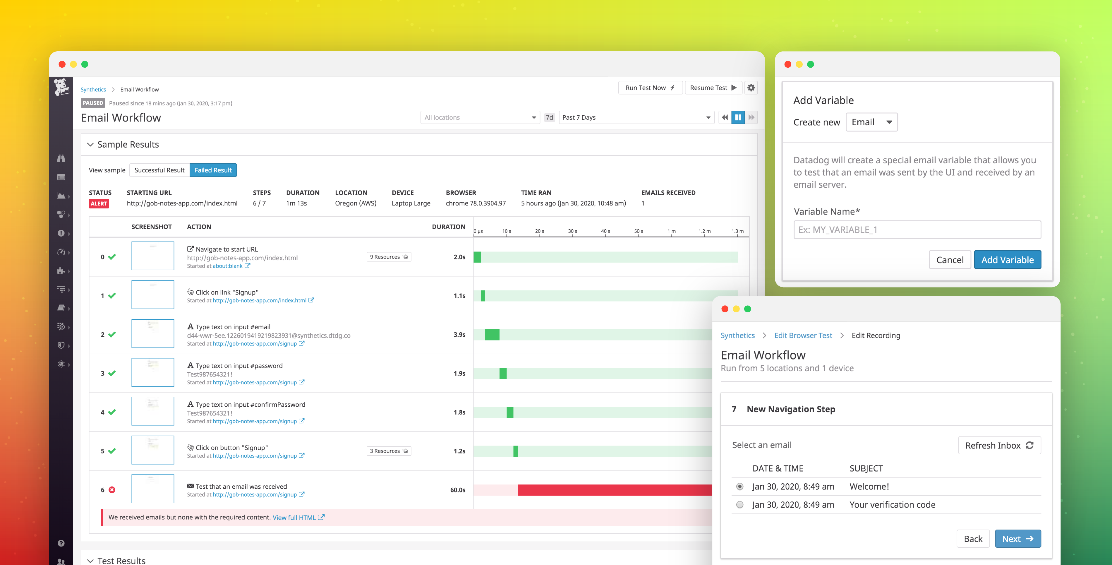 Monitor email workflows with Datadog Synthetic browser tests