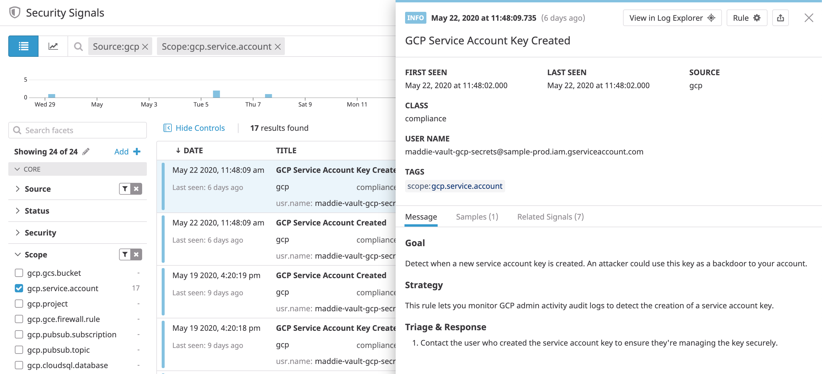 View a security signal for a GCP audit log that shows service key creation