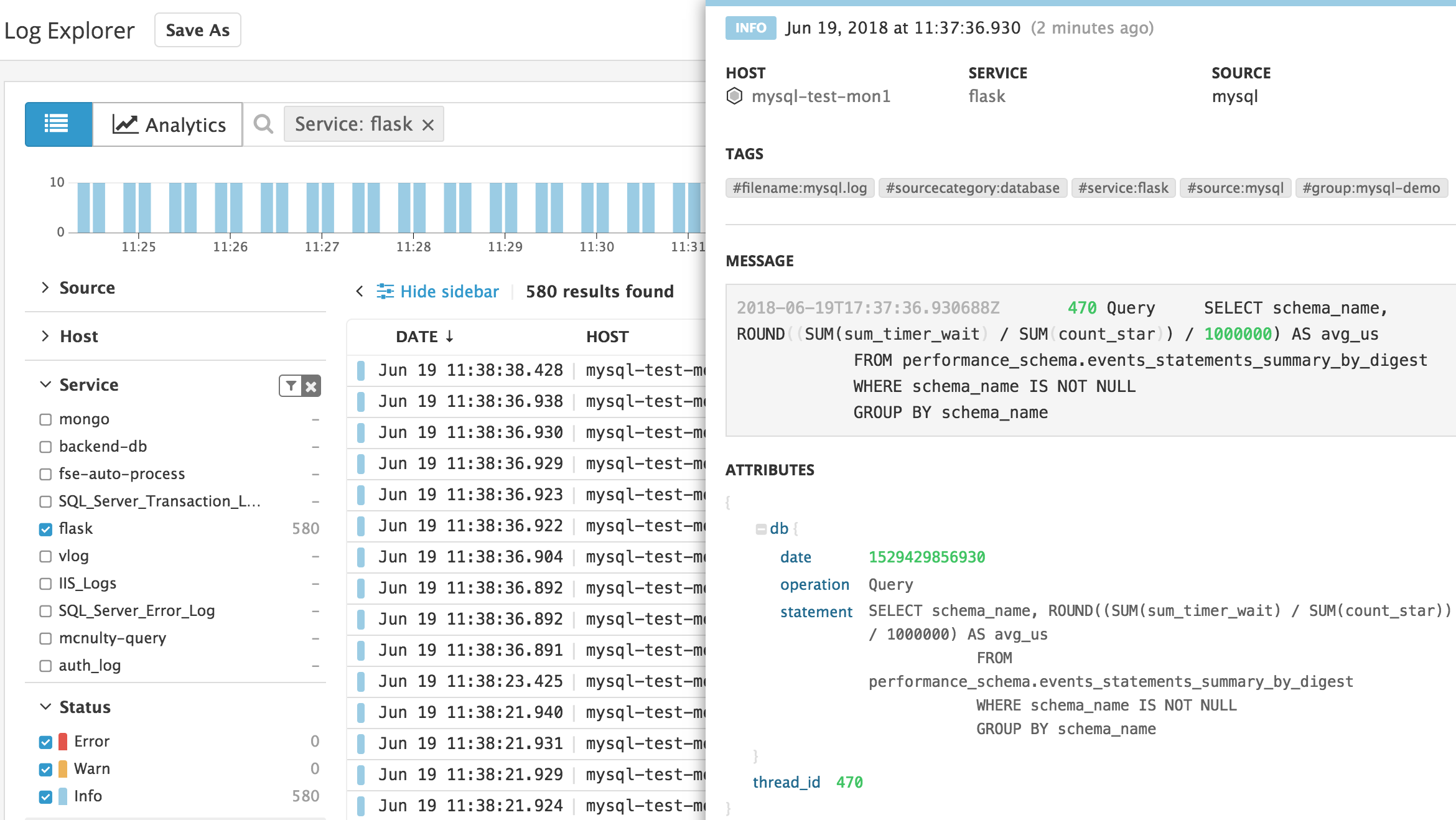 MySQL logs in the Datadog Log Explorer