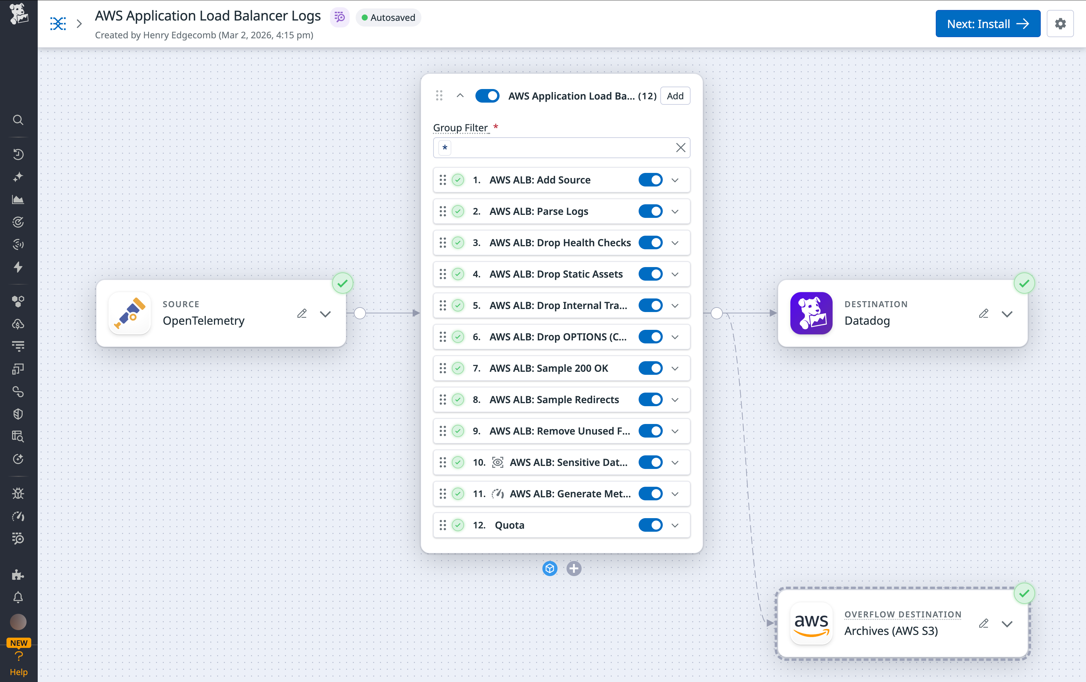 An example Observability Pipelines configuration using the AWS ALB Pack