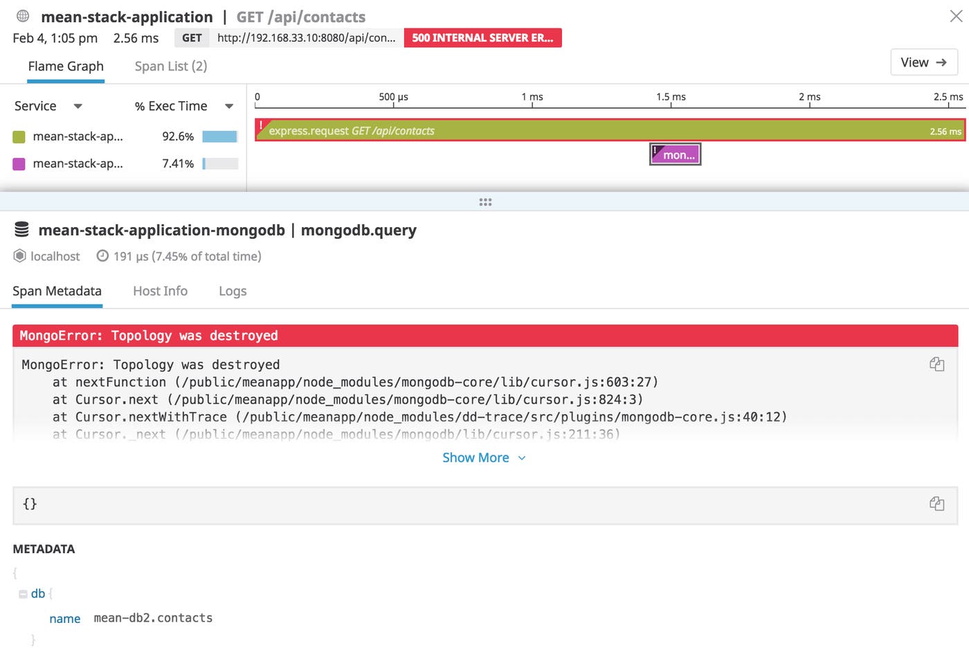 Example of a MEAN stack application trace and error Example of a MEAN stack application trace and error