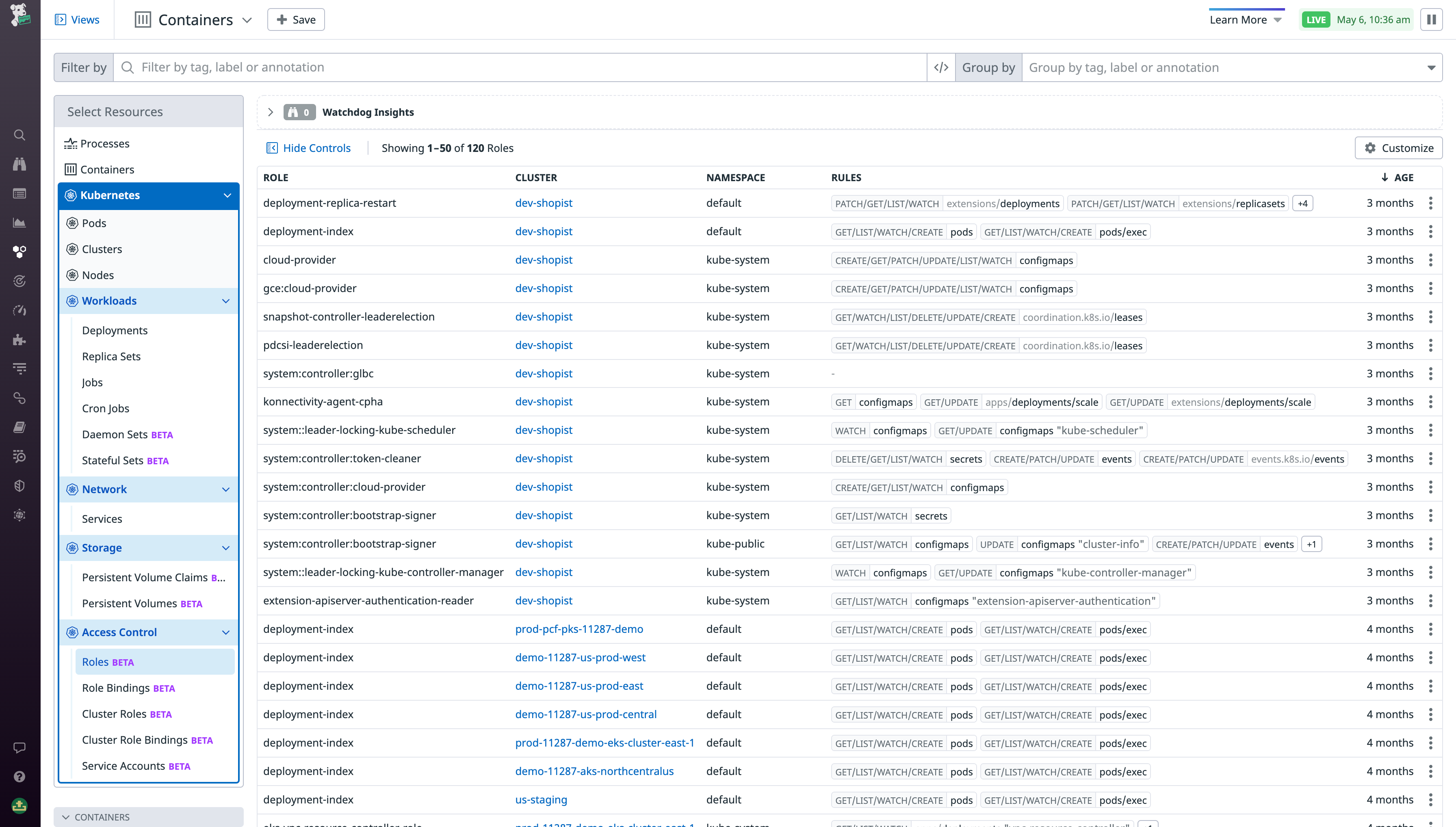 View Role configurations in Live Containers.