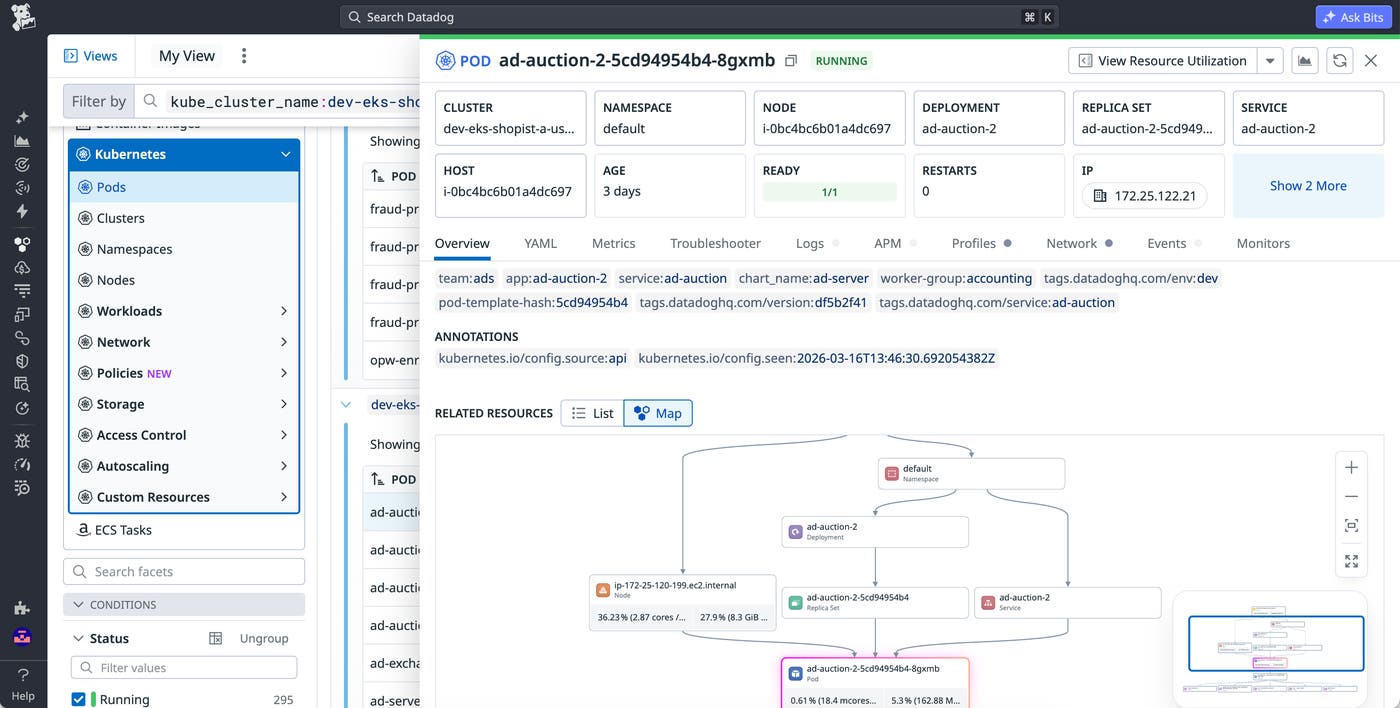 Detailed Kubernetes resource view showing configuration, related resources, and correlated metrics, logs, and traces for a pod. Detailed Kubernetes resource view showing configuration, related resources, and correlated metrics, logs, and traces for a pod.